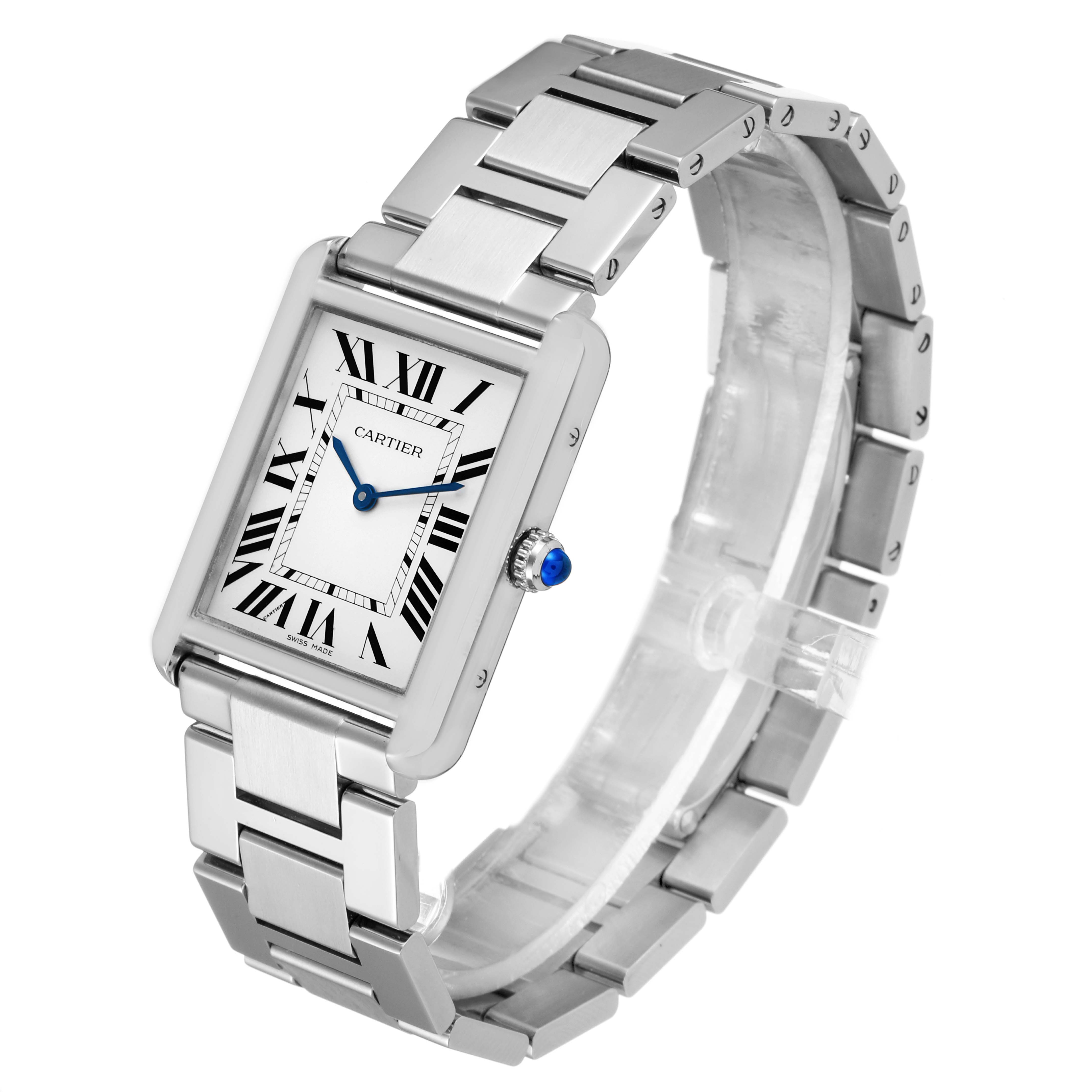 The Cartier Tank Solo W5200014 Men's Stainless Steel Silver Dial W5200014 Men's Stainless Steel Silver Dial watch is shown from an angled view, highlighting its rectangular face, bracelet, and blue crown.