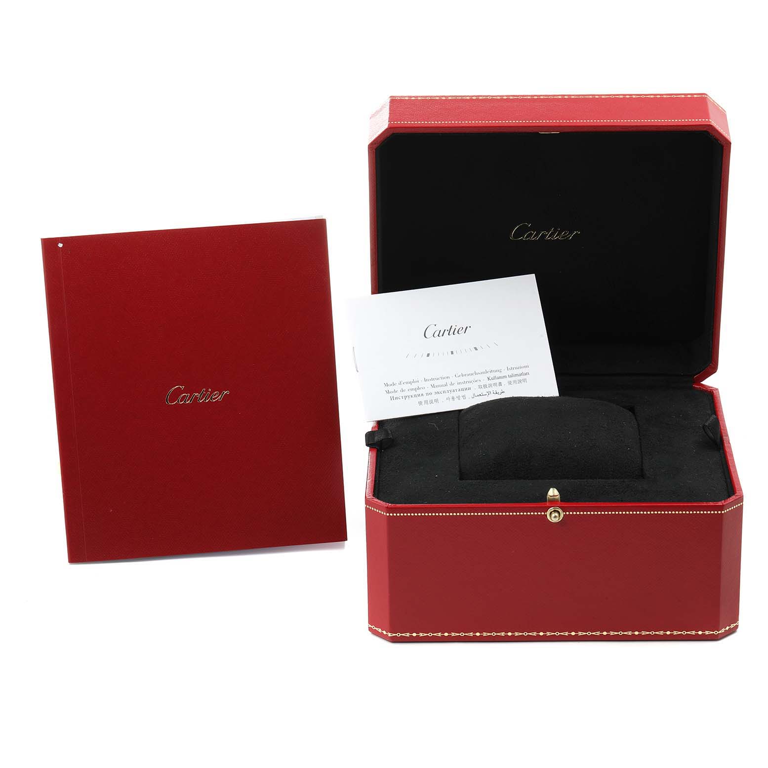 The image shows a Cartier Tank Solo W5200014 Men's Stainless Steel Silver Dial W5200014 Men's Stainless Steel Silver Dial watch box, booklets, and documents from a front angle.