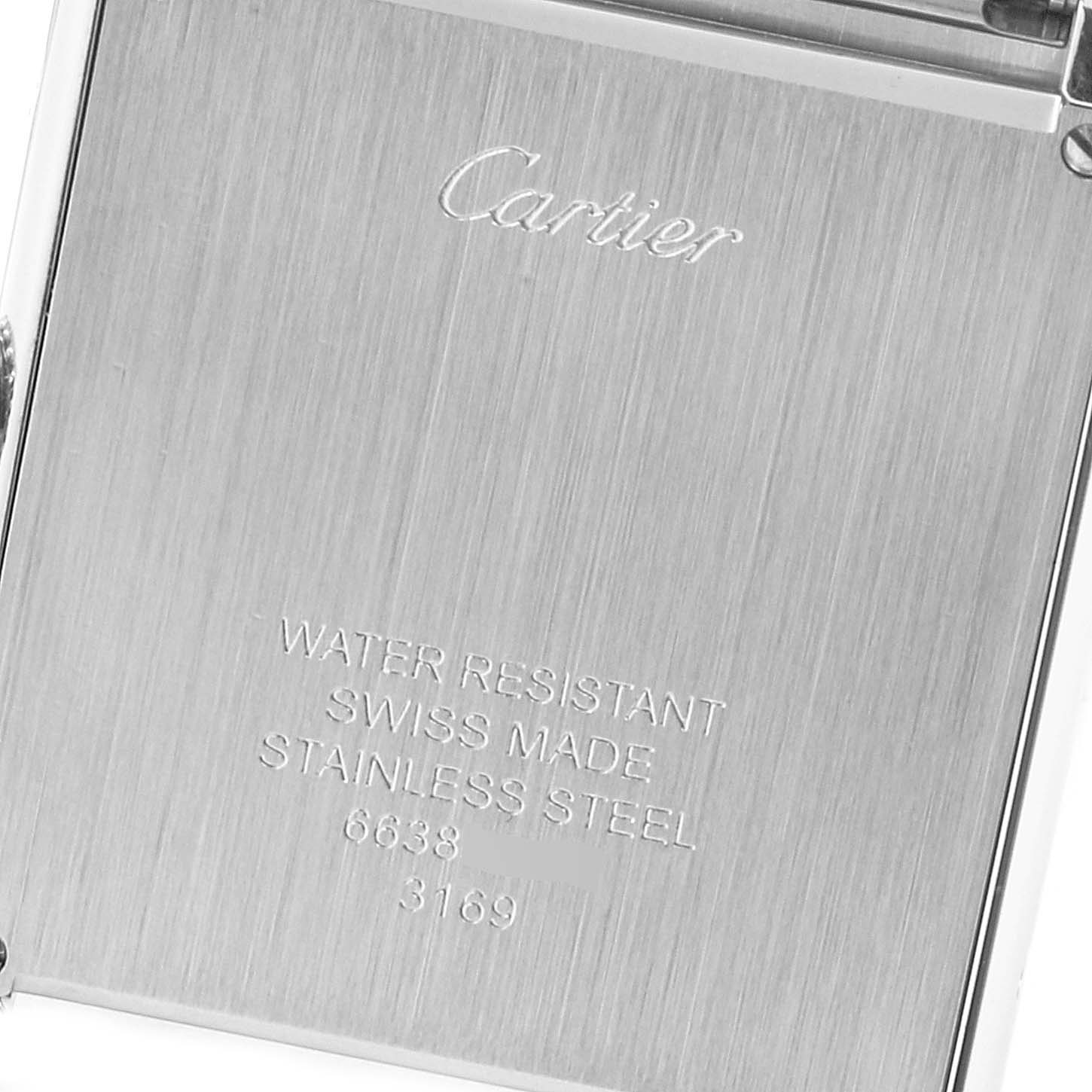 The image shows the back casing of a Cartier Tank Solo W5200014 Men's Stainless Steel Silver Dial W5200014 Men's Stainless Steel Silver Dial watch, displaying engraving details.
