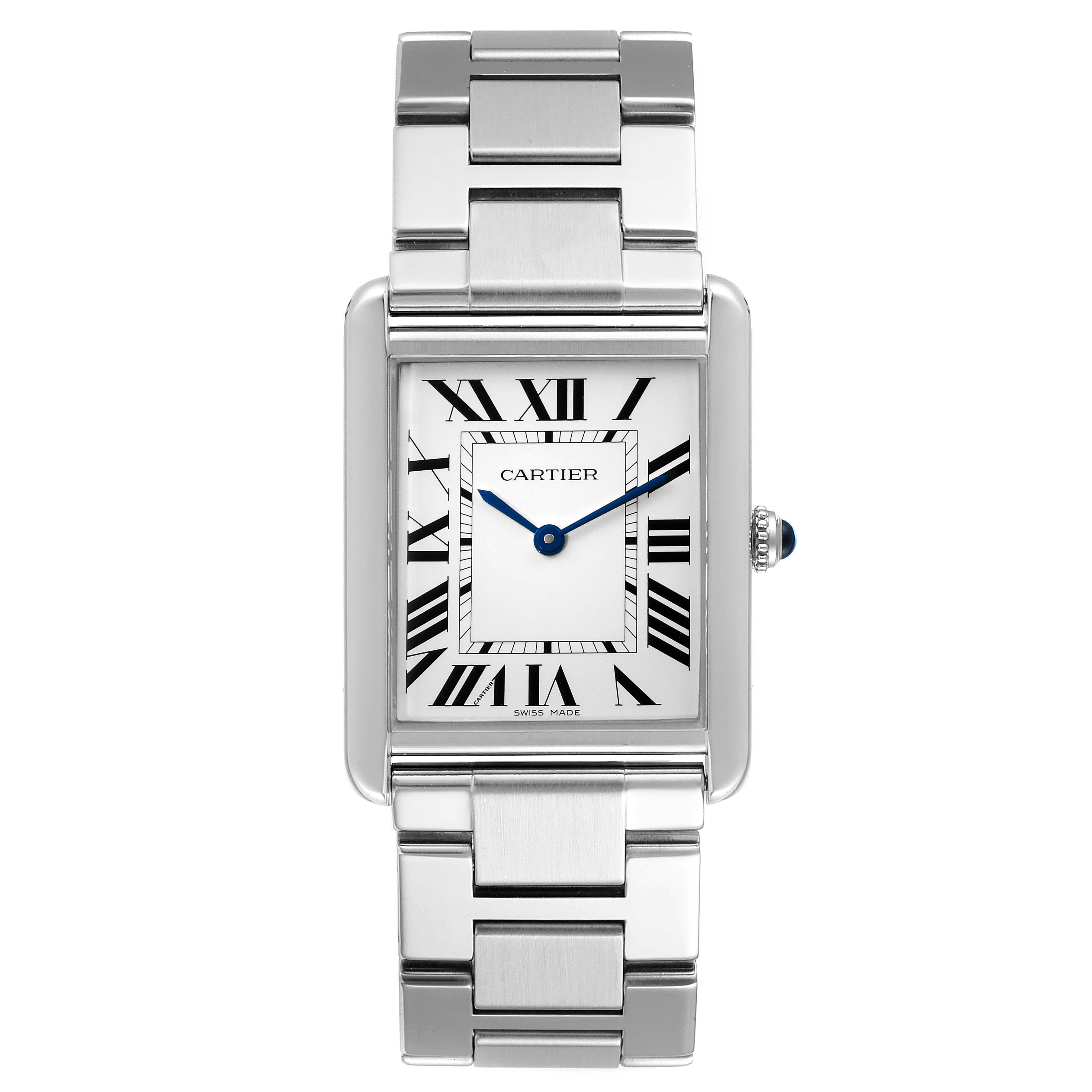 This image shows a front view of the Cartier Tank Solo W5200014 Men's Stainless Steel Silver Dial W5200014 Men's Stainless Steel Silver Dial watch, highlighting its rectangular face, Roman numerals, and metal bracelet.