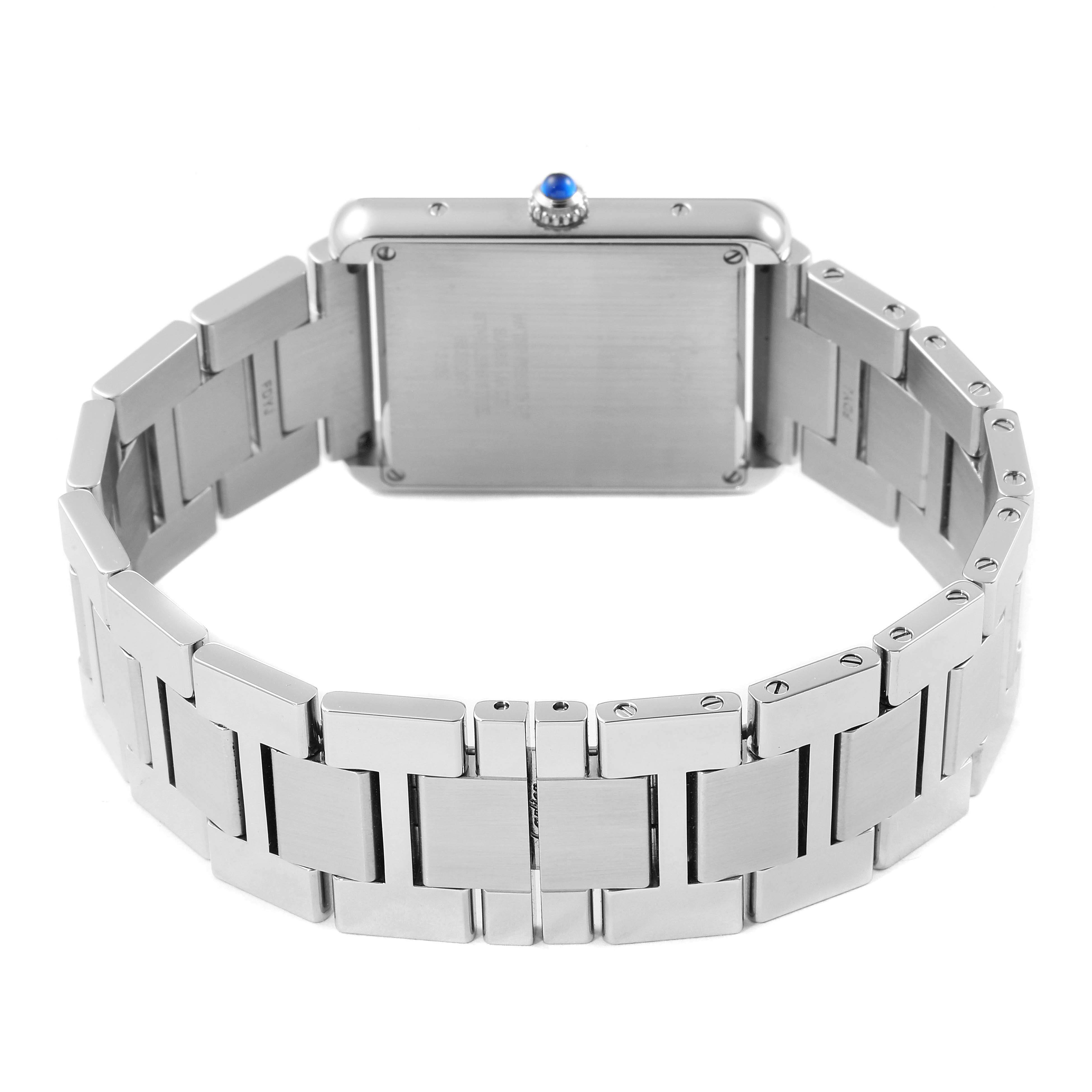 This image shows the back view of the Cartier Tank Solo W5200014 Men's Stainless Steel Silver Dial W5200014 Men's Stainless Steel Silver Dial watch, highlighting its metal bracelet and case.
