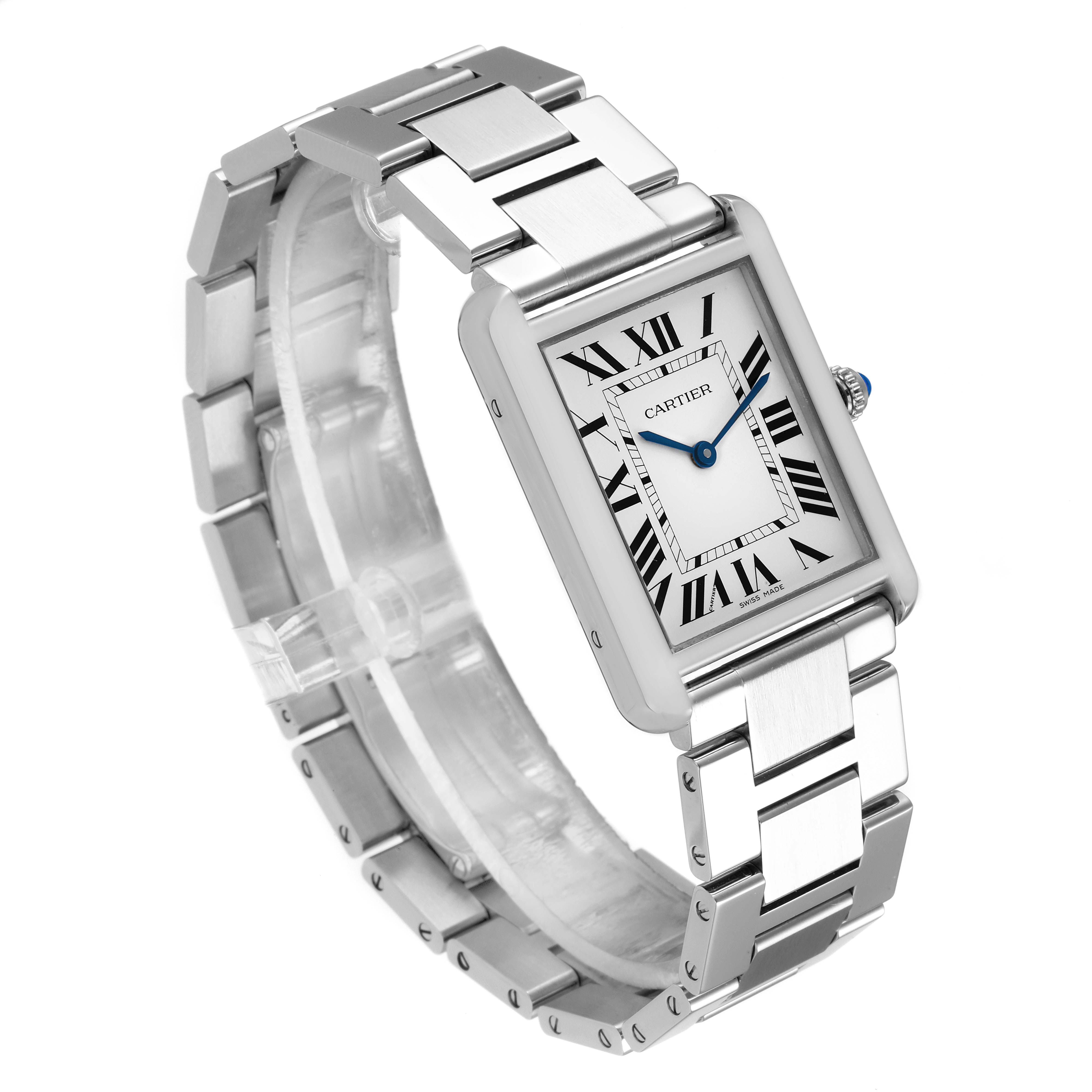 The Cartier Tank Solo W5200014 Men's Stainless Steel Silver Dial W5200014 Men's Stainless Steel Silver Dial watch is shown at an angle displaying the face, Roman numerals, and metal bracelet.