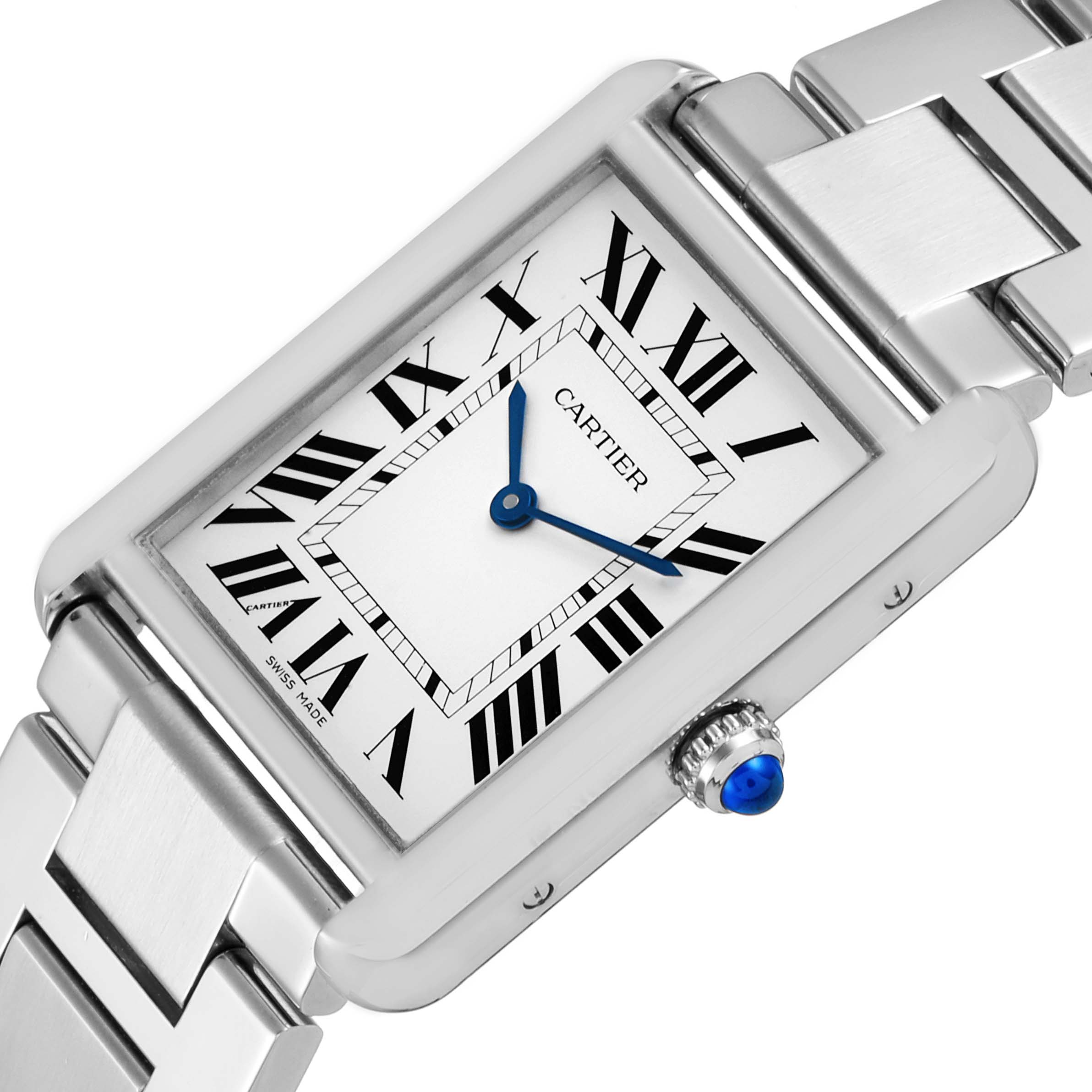 This Cartier Tank Solo W5200014 Men's Stainless Steel Silver Dial W5200014 Men's Stainless Steel Silver Dial watch is shown from a top angle including its rectangular face, crown, and part of the metal bracelet.