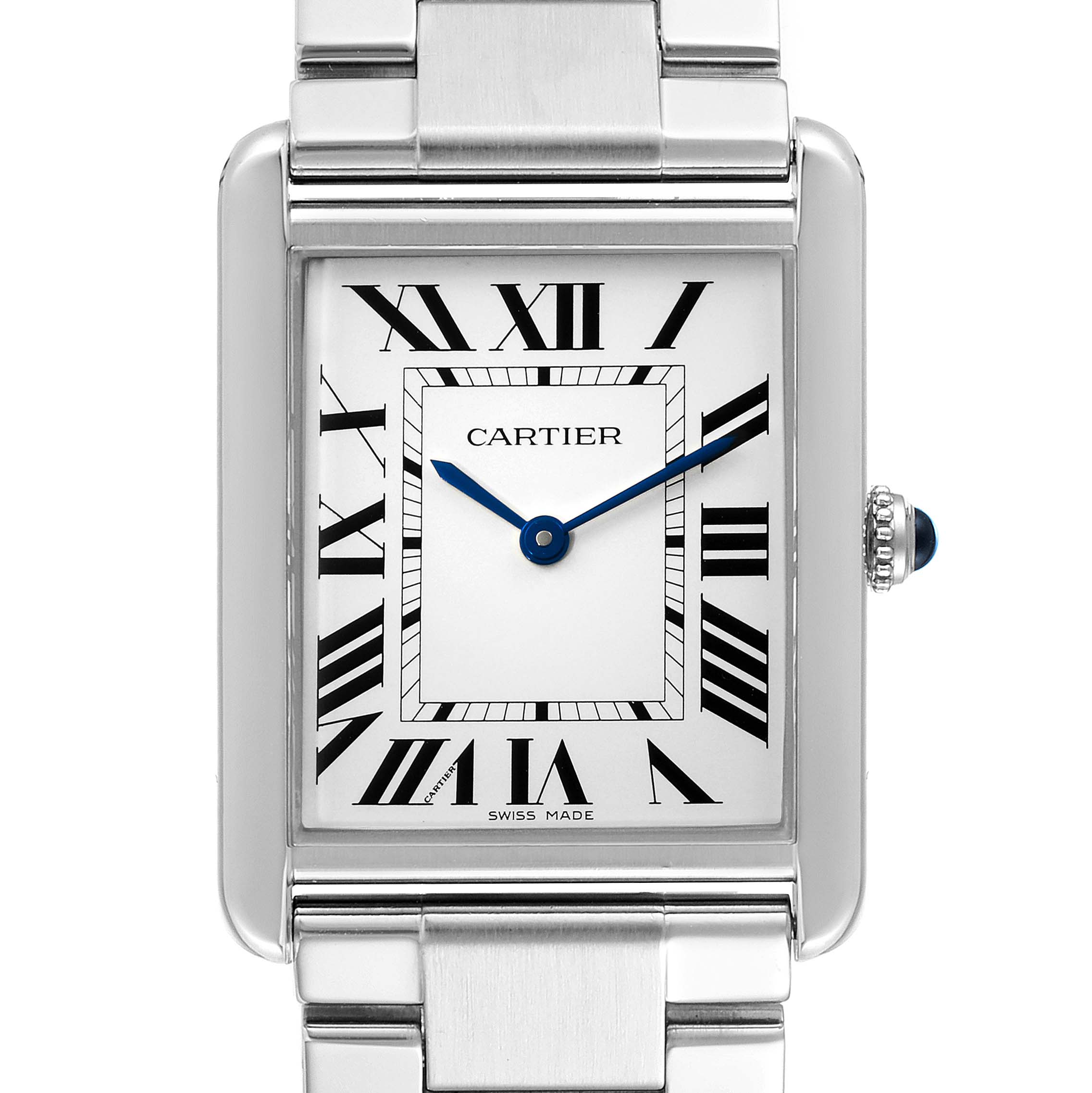 This image shows a front view of the Tank Solo watch face and bracelet by Cartier.