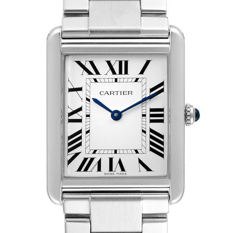 Cartier Tank Solo Silver Dial Steel Mens Watch W5200014 Box Papers SwissWatchExpo