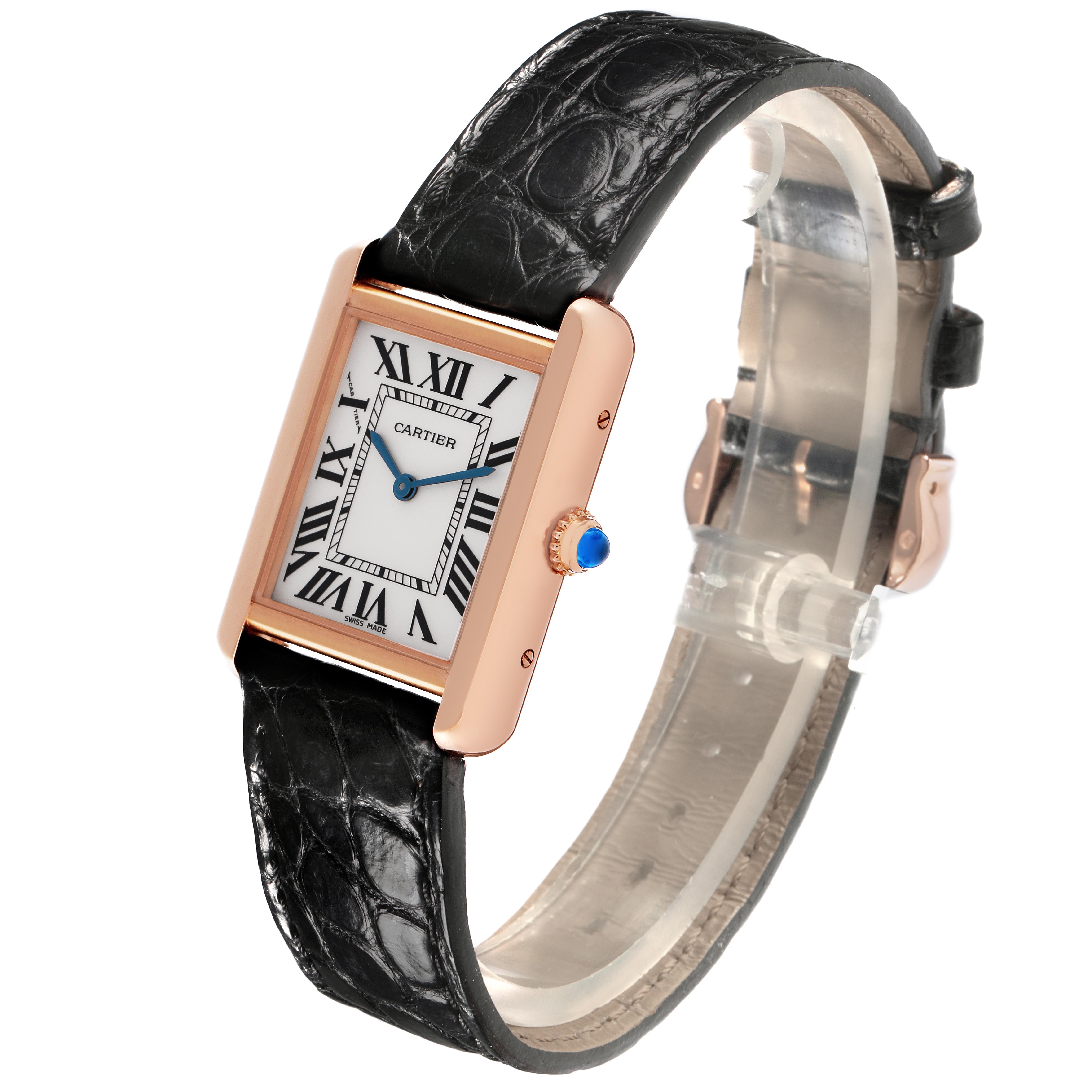 The Cartier Tank Solo W5200024 Women
s Steel and Gold (two tone) Silver Dial W5200024 Women
s Steel and Gold (two tone) Silver Dial watch is shown from an angled side view, highlighting its rectangular dial, Roman numerals, crown, and leather strap.