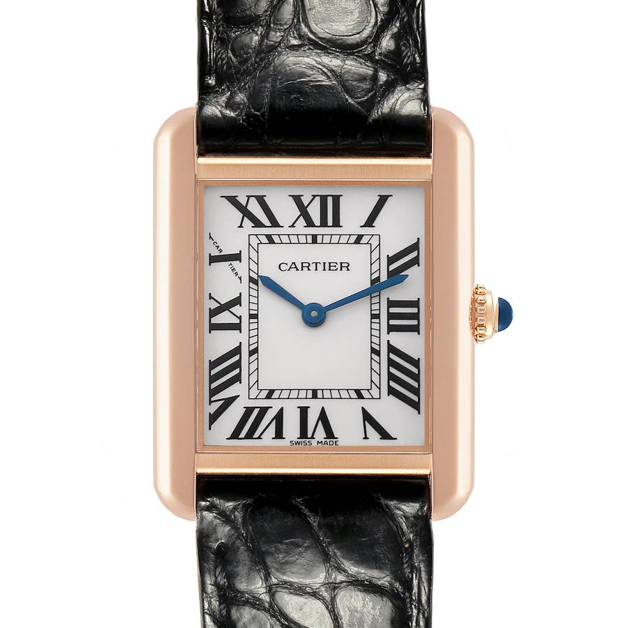 The Cartier Tank Solo watch is shown from the front, featuring its rectangular face, Roman numerals, and a black leather strap.