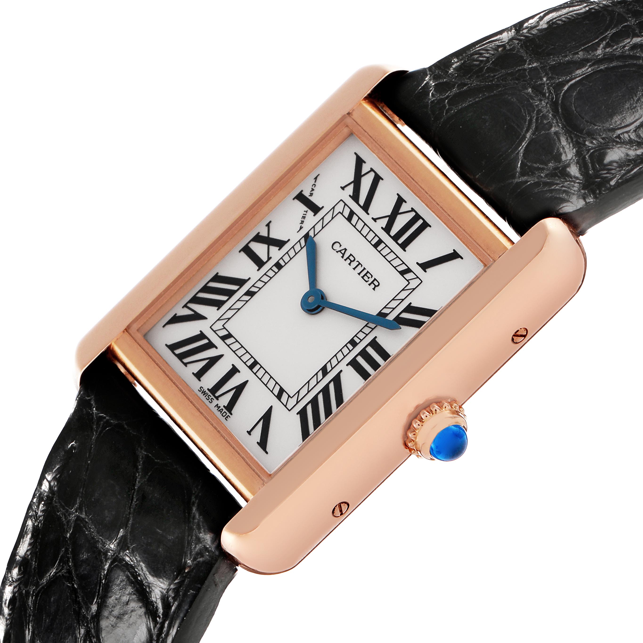 The Cartier Tank Solo W5200024 Women
s Steel and Gold (two tone) Silver Dial W5200024 Women
s Steel and Gold (two tone) Silver Dial watch is shown at an angled view, highlighting its rectangular face, Roman numerals, blue hands, and crown.
