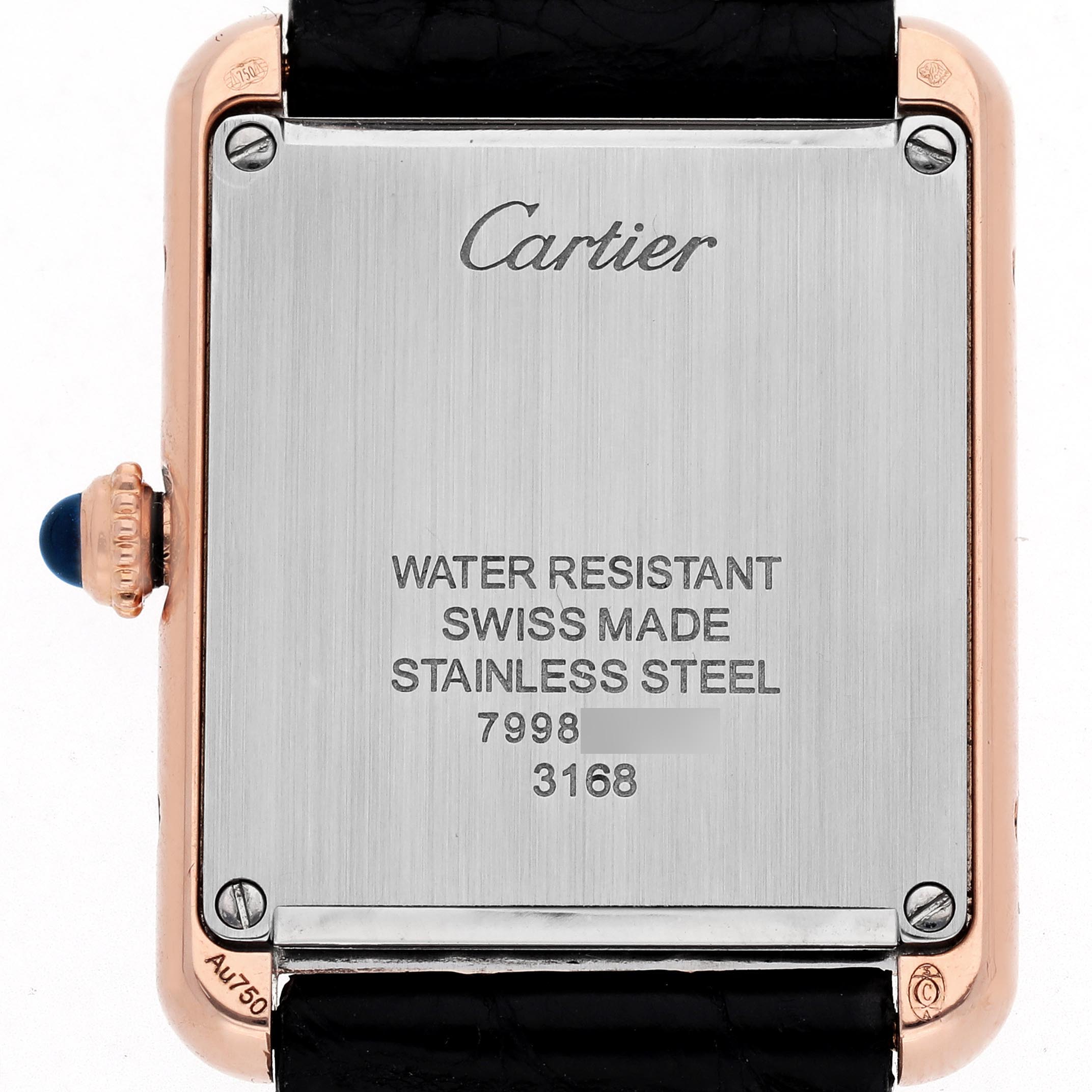 The image shows the back of the Cartier Tank Solo W5200024 Women
s Steel and Gold (two tone) Silver Dial W5200024 Women
s Steel and Gold (two tone) Silver Dial watch, focusing on the case back and crown details.