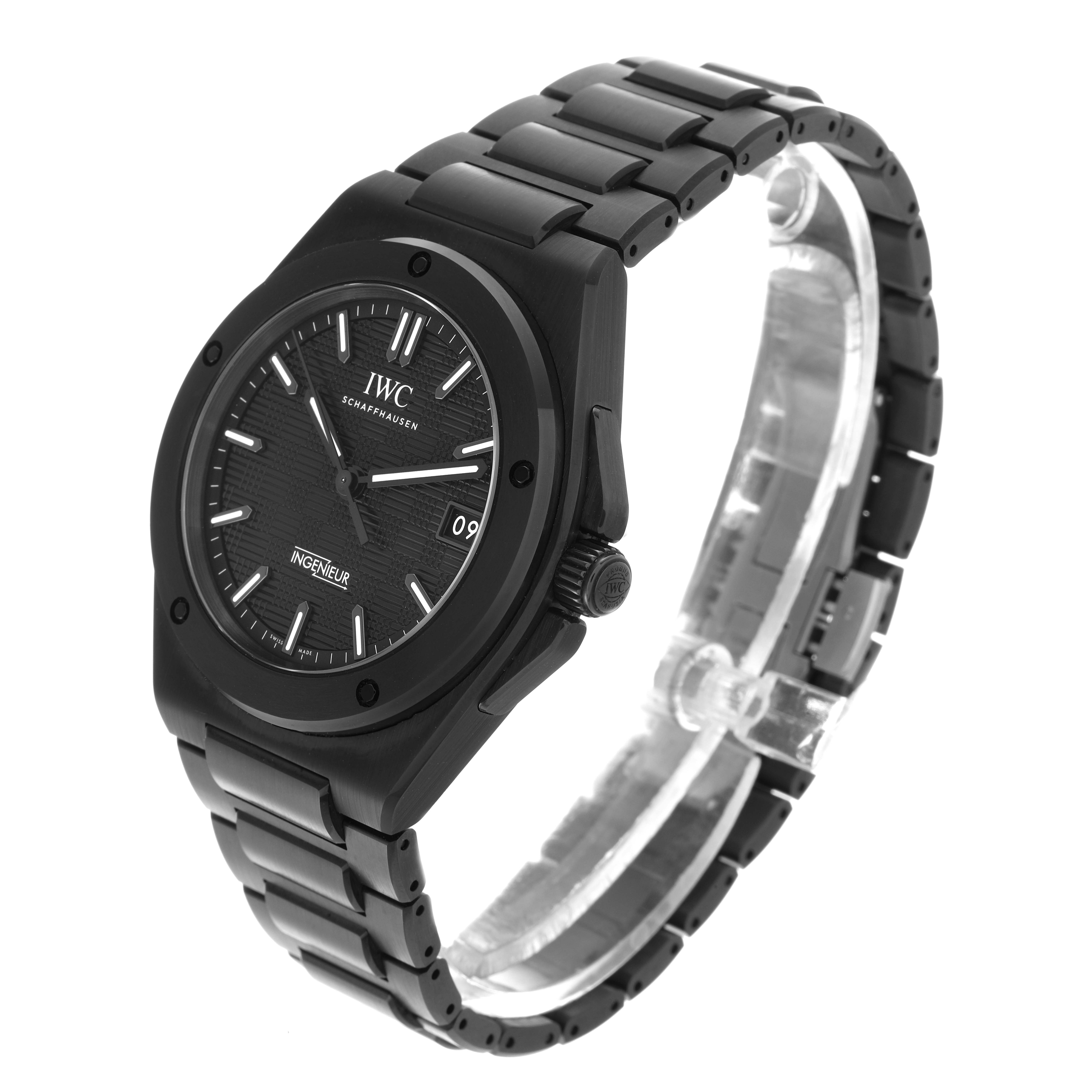 The IWC Ingenieur IW338903 Men
s Ceramic Black Dial IW338903 Men
s Ceramic Black Dial watch is shown at a front-side angle, displaying the case, dial, and bracelet.