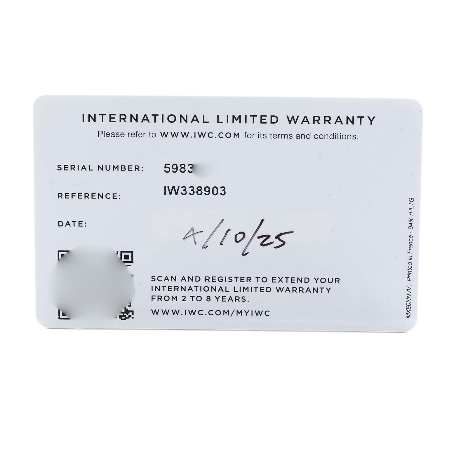 This image shows an IWC Ingenieur IW338903 Men
s Ceramic Black Dial IW338903 Men
s Ceramic Black Dial model
s international limited warranty card from a top-down angle.