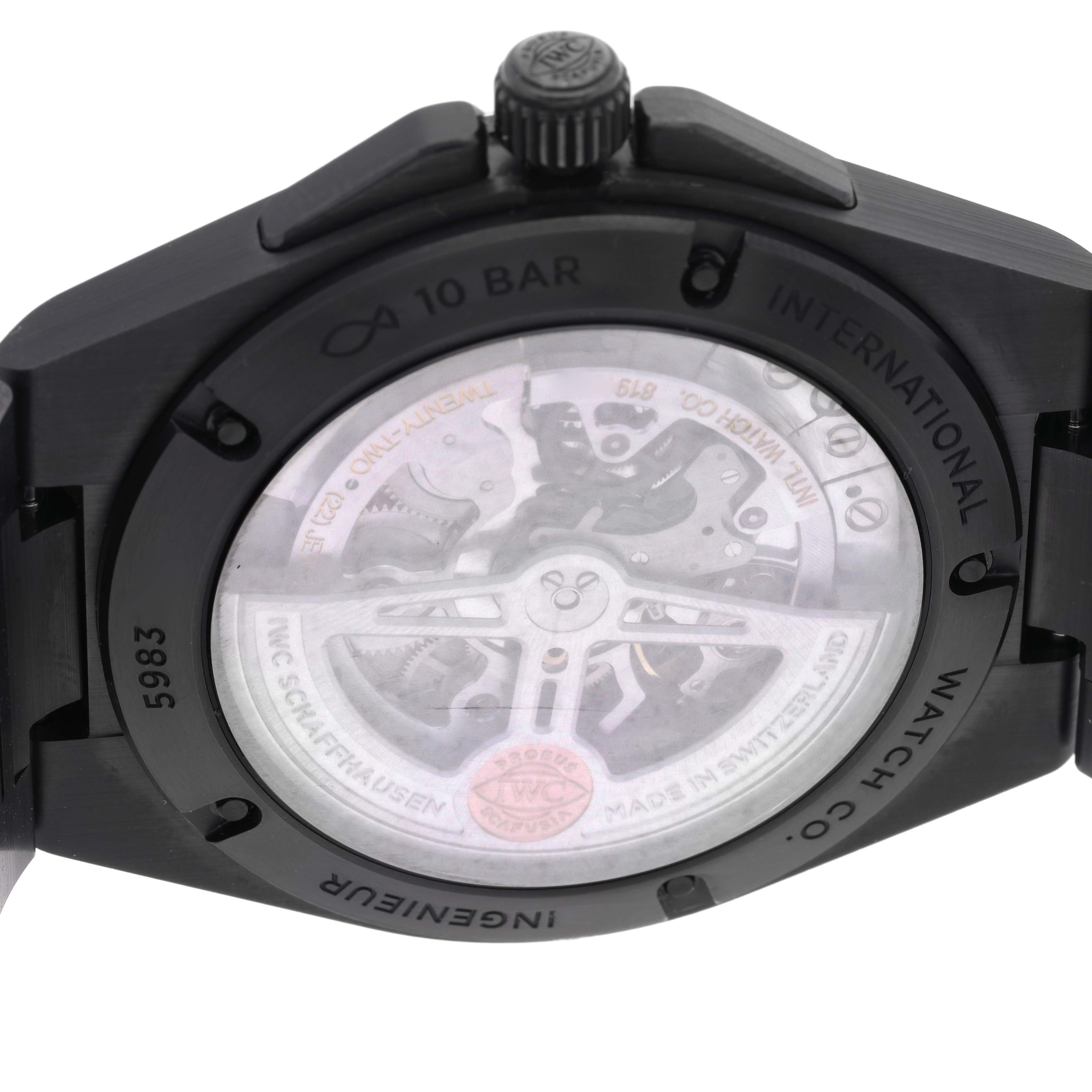 The image shows the back of the IWC Ingenieur IW338903 Men
s Ceramic Black Dial IW338903 Men
s Ceramic Black Dial watch, highlighting the movement and case details.