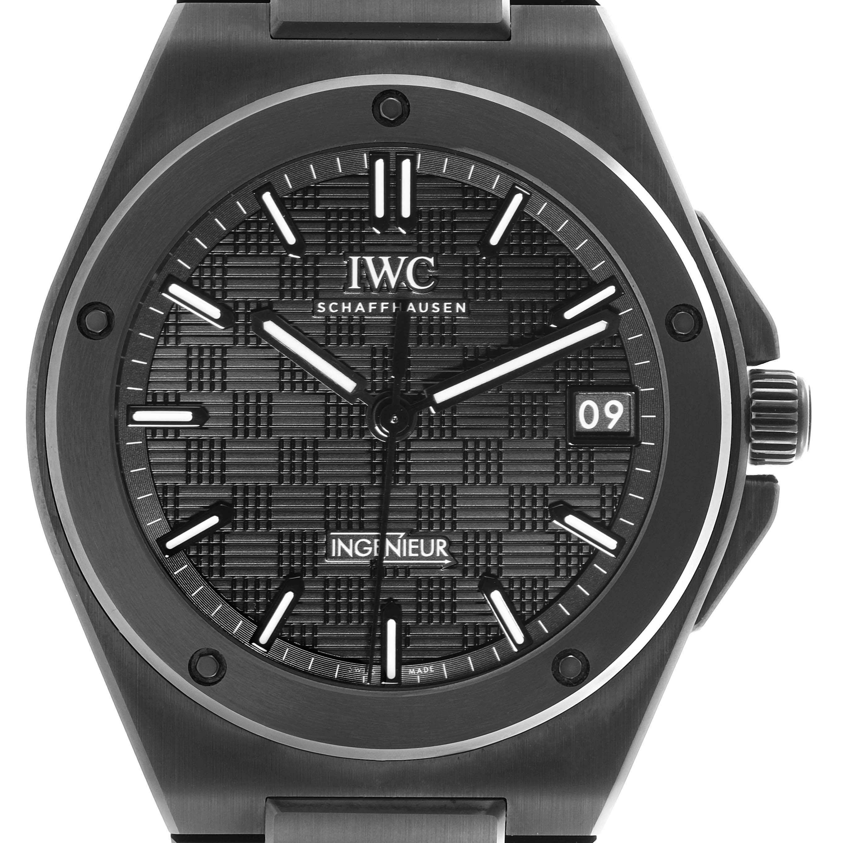 The IWC Ingenieur IW338903 Men
s Ceramic Black Dial IW338903 Men
s Ceramic Black Dial watch is shown from a front-facing angle, displaying the dial, case, and crown.