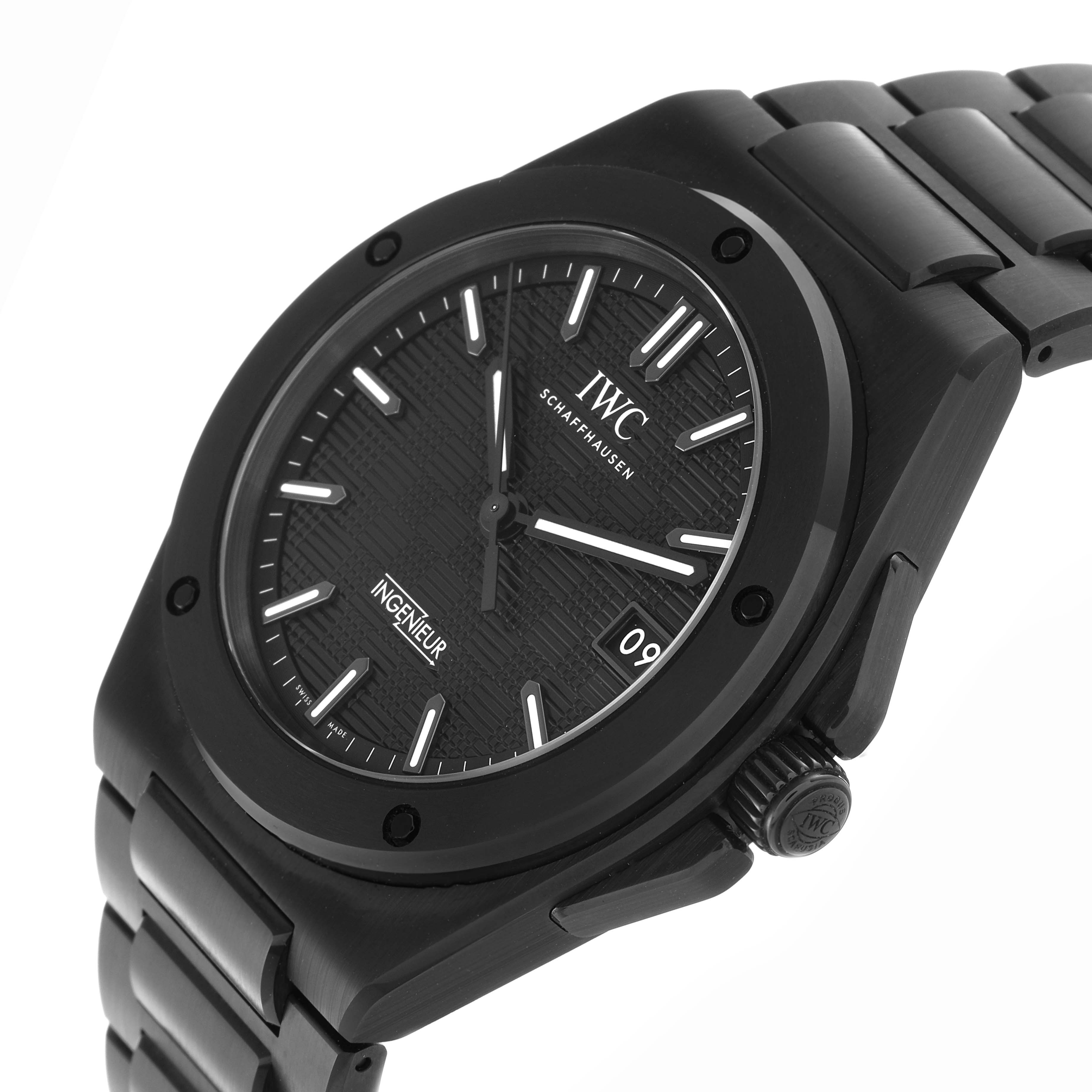 The IWC Ingenieur IW338903 Men
s Ceramic Black Dial IW338903 Men
s Ceramic Black Dial watch is shown from an angled side view, highlighting its bracelet, bezel, dial, and crown.