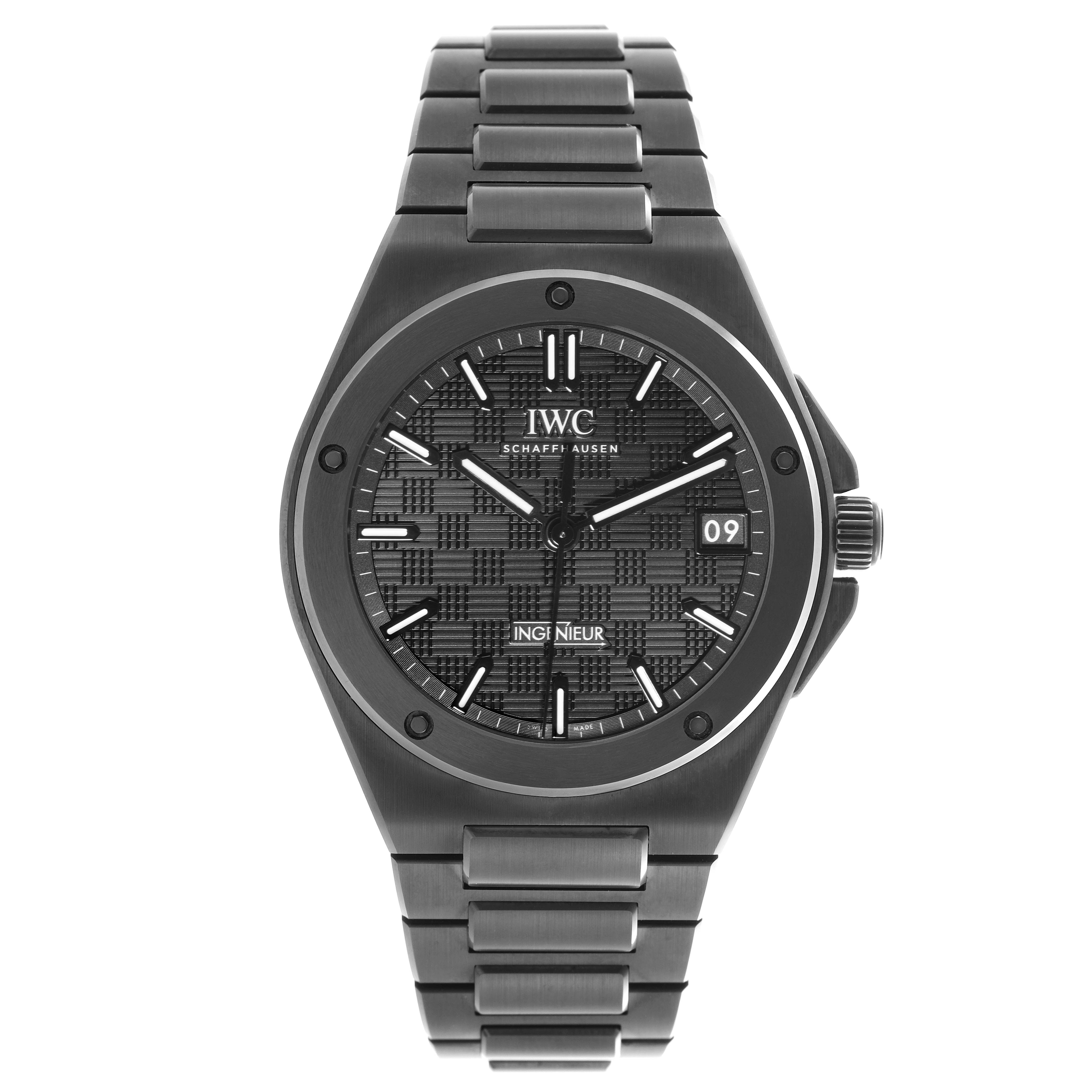 The IWC Ingenieur IW338903 Men
s Ceramic Black Dial IW338903 Men
s Ceramic Black Dial watch is shown from a frontal angle, displaying the dial, case, hands, and bracelet.