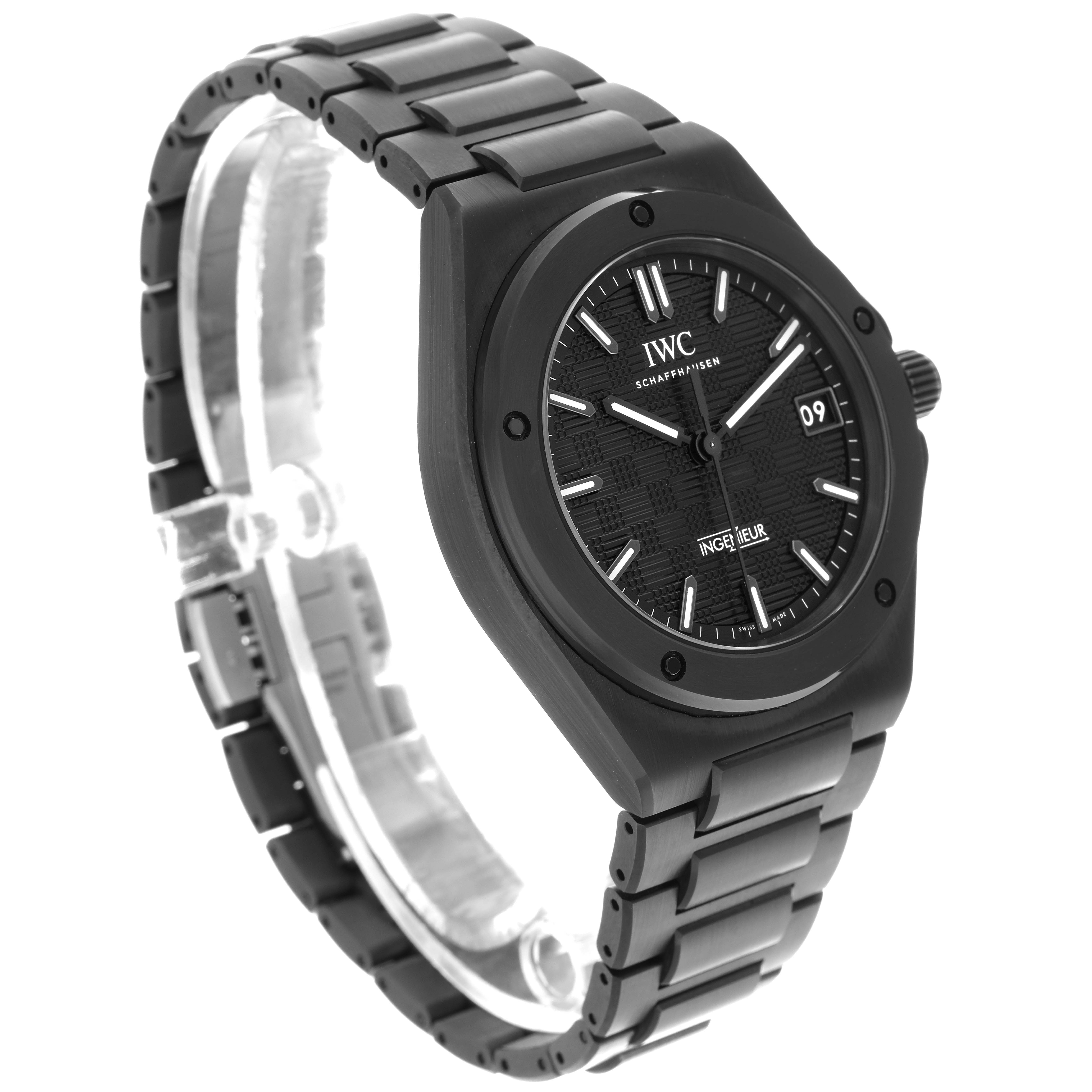 The IWC Ingenieur IW338903 Men
s Ceramic Black Dial IW338903 Men
s Ceramic Black Dial watch is shown at a three-quarter angle, displaying its face, bezel, case, bracelet, and crown.