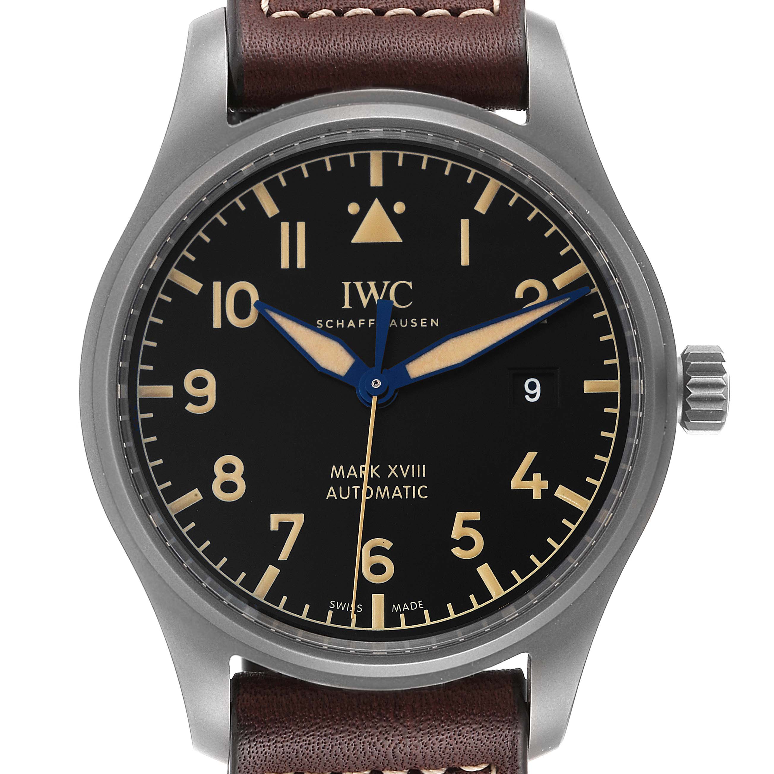 The IWC Pilot IW327006 Men's Titanium Black Dial IW327006 Men's Titanium Black Dial model watch is shown from a front angle, highlighting its face, markers, hands, crown, and part of the leather strap.