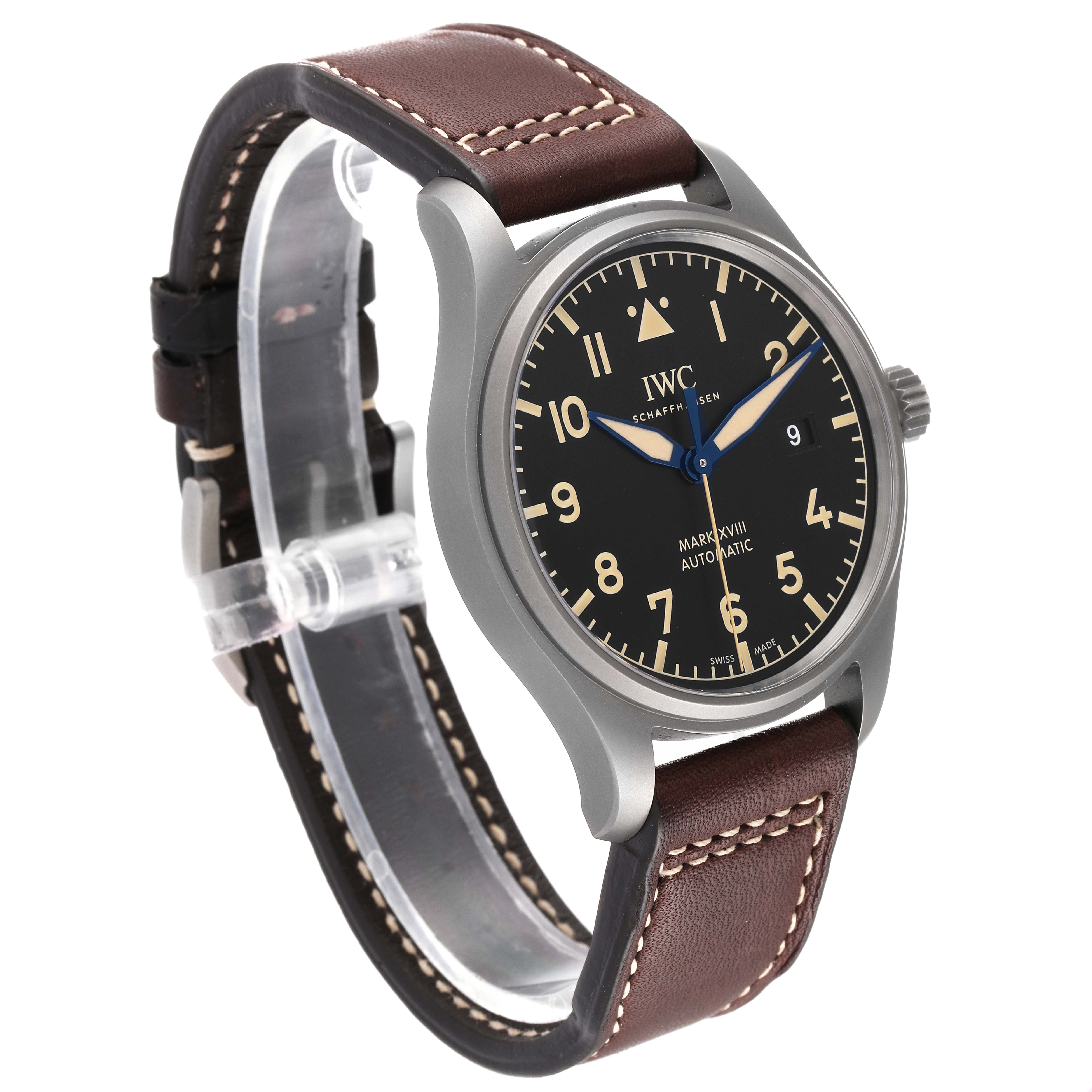 This image shows the IWC Pilot IW327006 Men's Titanium Black Dial IW327006 Men's Titanium Black Dial watch model Mark XVIII at a slight angle, displaying the watch face, case, and leather strap.