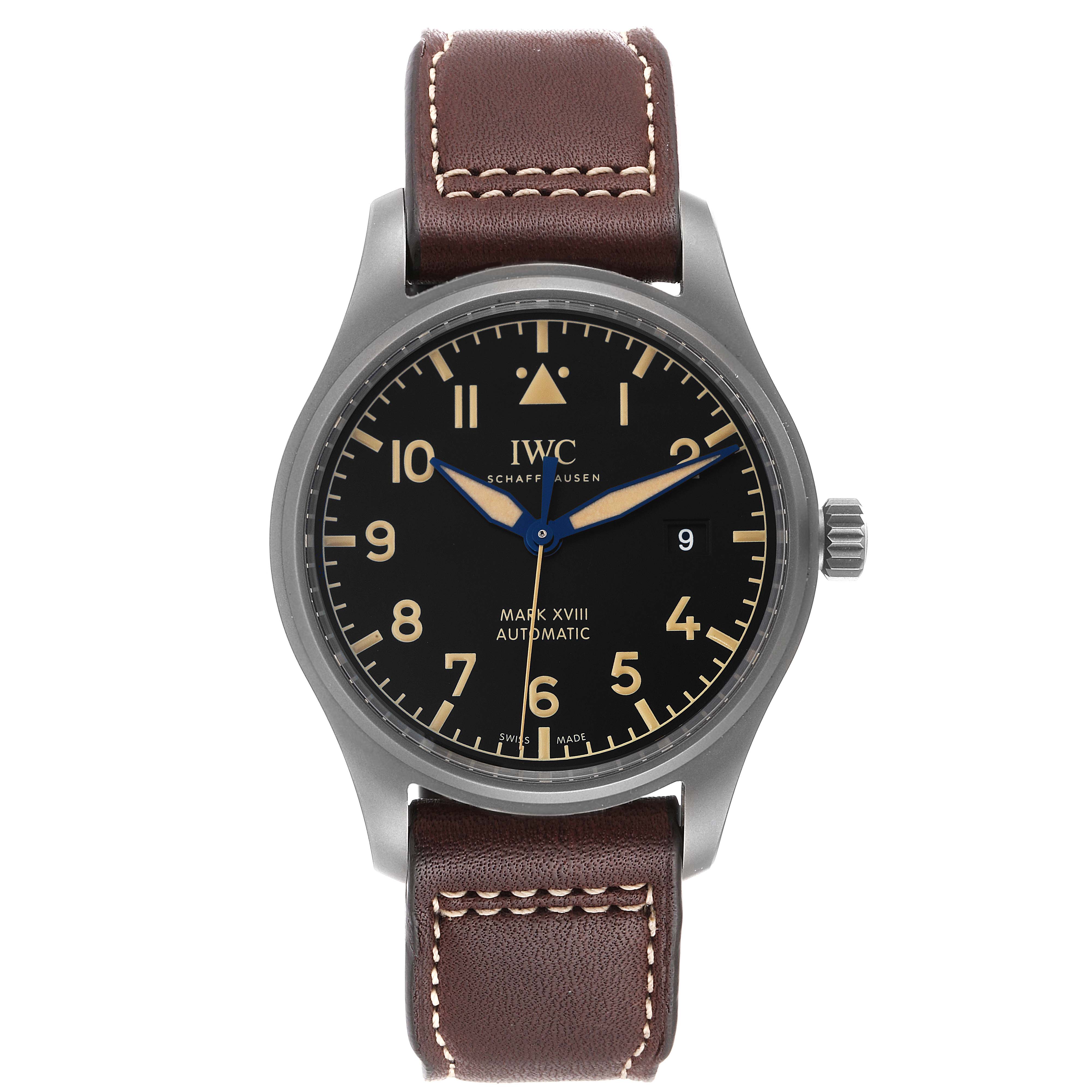 This image shows a front view of the IWC Pilot IW327006 Men's Titanium Black Dial IW327006 Men's Titanium Black Dial Mark XVIII Automatic watch, featuring a black dial and brown leather strap.