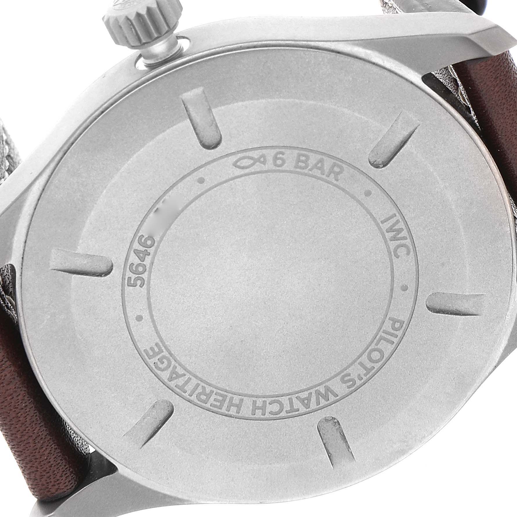 This image shows the back case and crown of an IWC Pilot IW327006 Men's Titanium Black Dial IW327006 Men's Titanium Black Dial model watch.