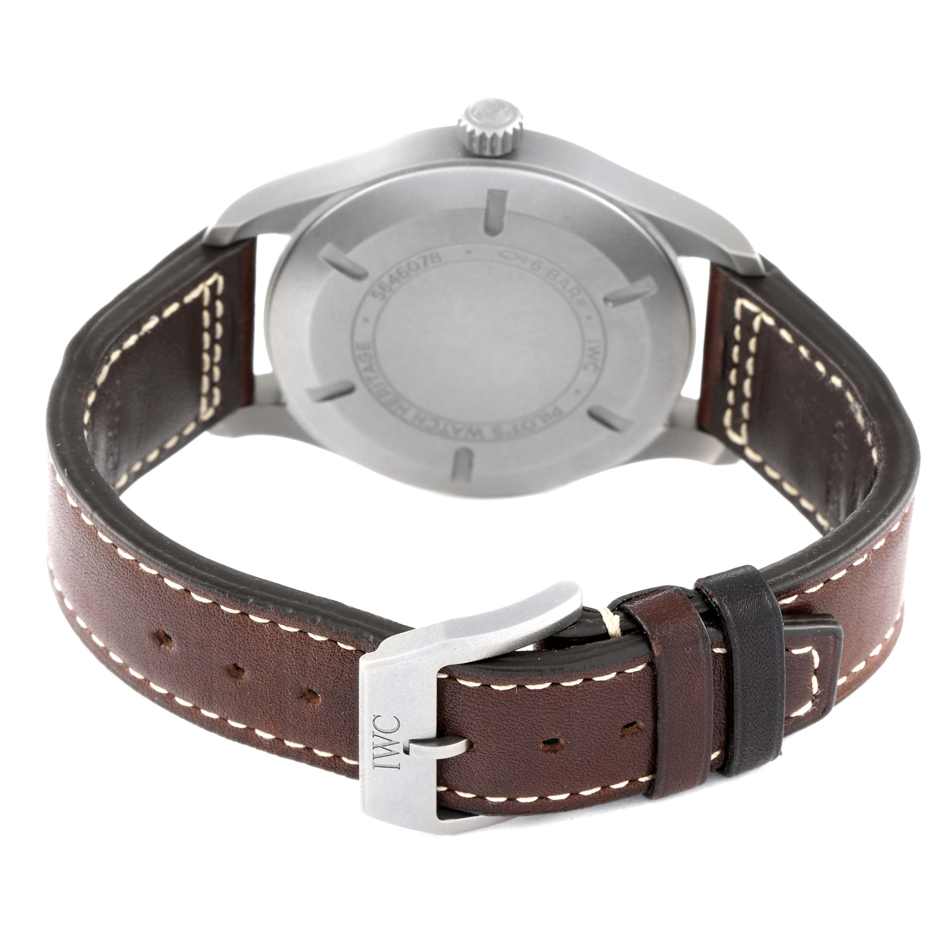 This image shows the back case and leather strap of an IWC Pilot IW327006 Men's Titanium Black Dial IW327006 Men's Titanium Black Dial model watch from a rear angle.