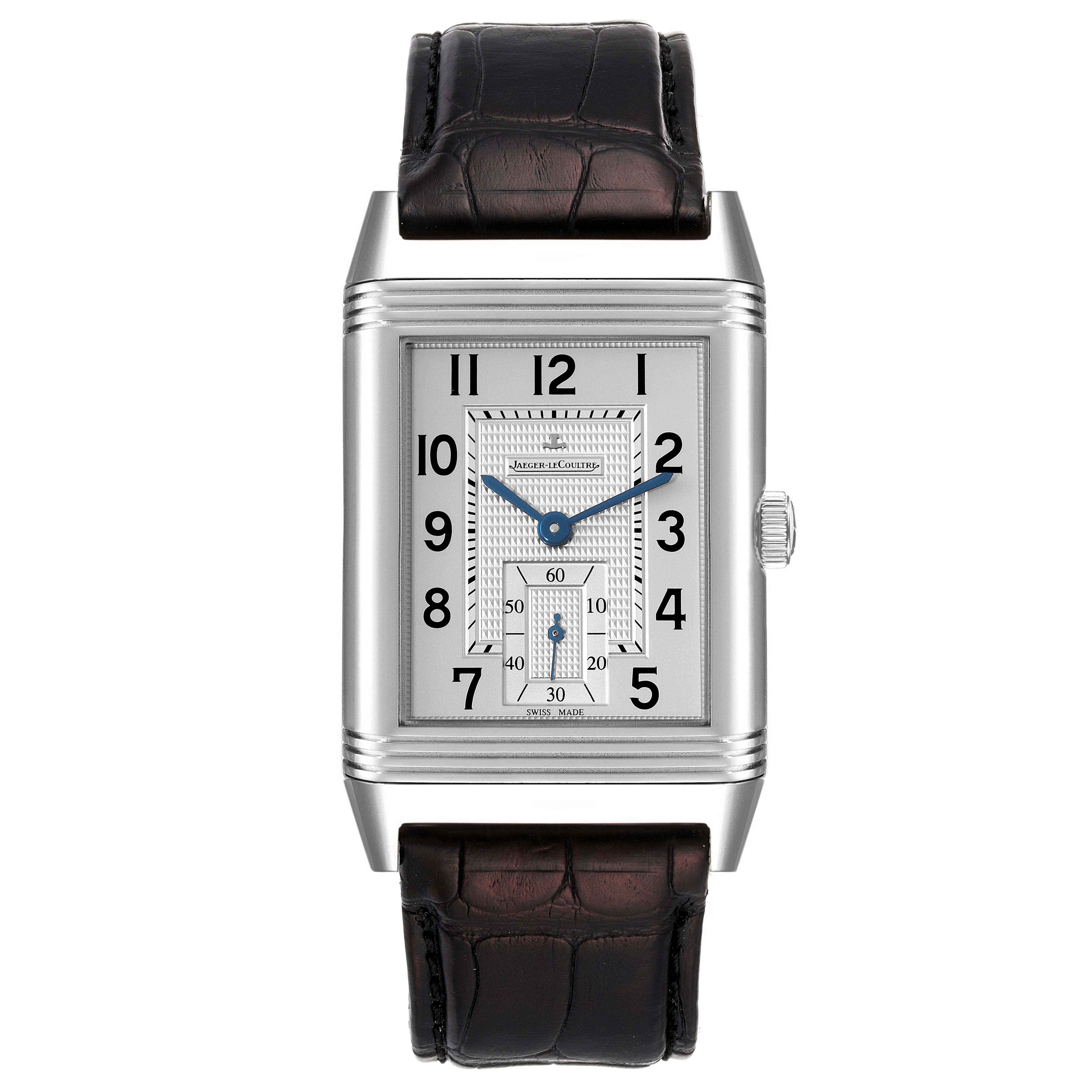 The image shows a frontal view of the Jaeger LeCoultre Reverso Q3738420 Men's Stainless Steel Silver Dial Q3738420 Men's Stainless Steel Silver Dial watch, highlighting its rectangular face, hour markers, and leather strap.