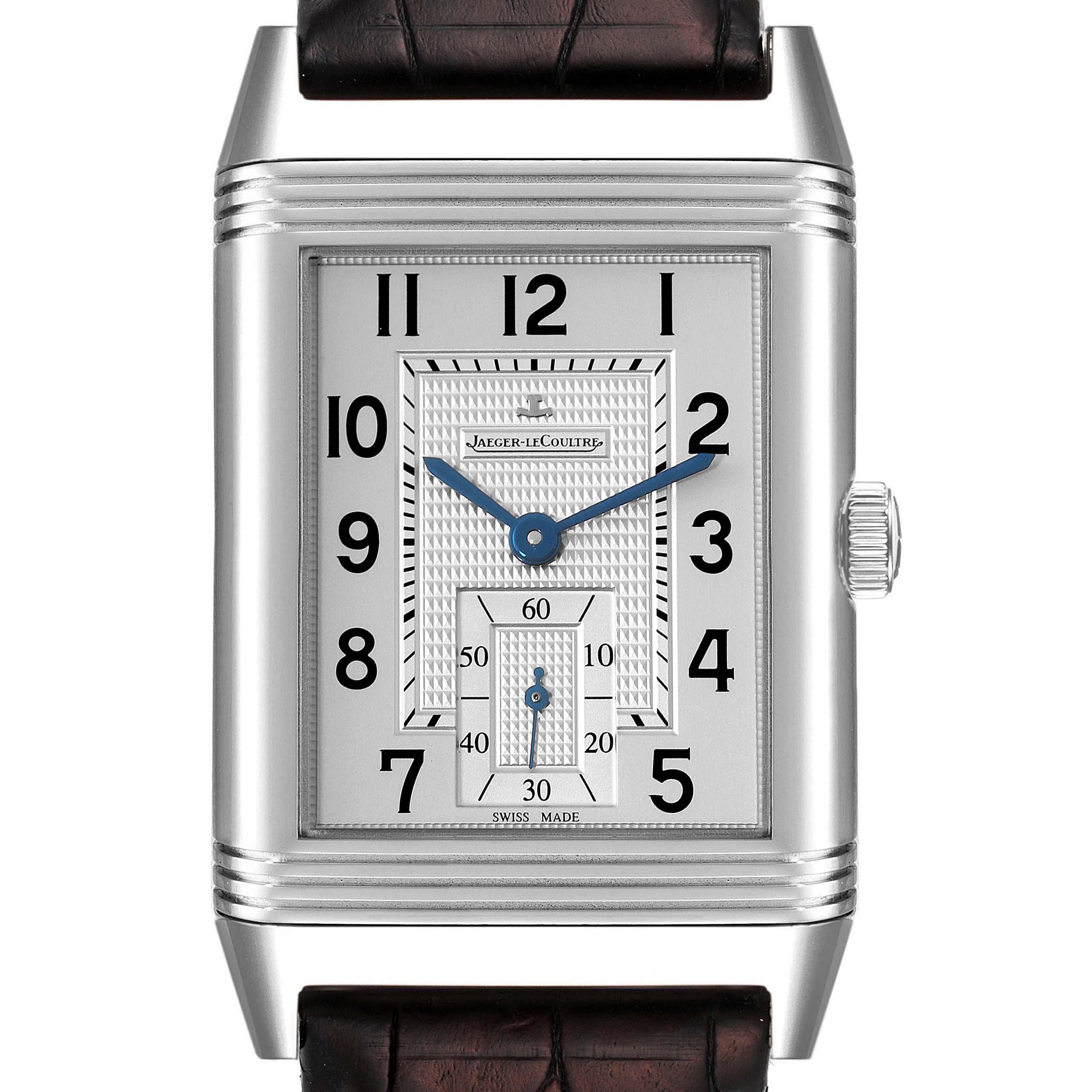 The image shows a front view of the Jaeger LeCoultre Reverso Q3738420 Men's Stainless Steel Silver Dial Q3738420 Men's Stainless Steel Silver Dial model watch, highlighting its dial, hands, and crown.