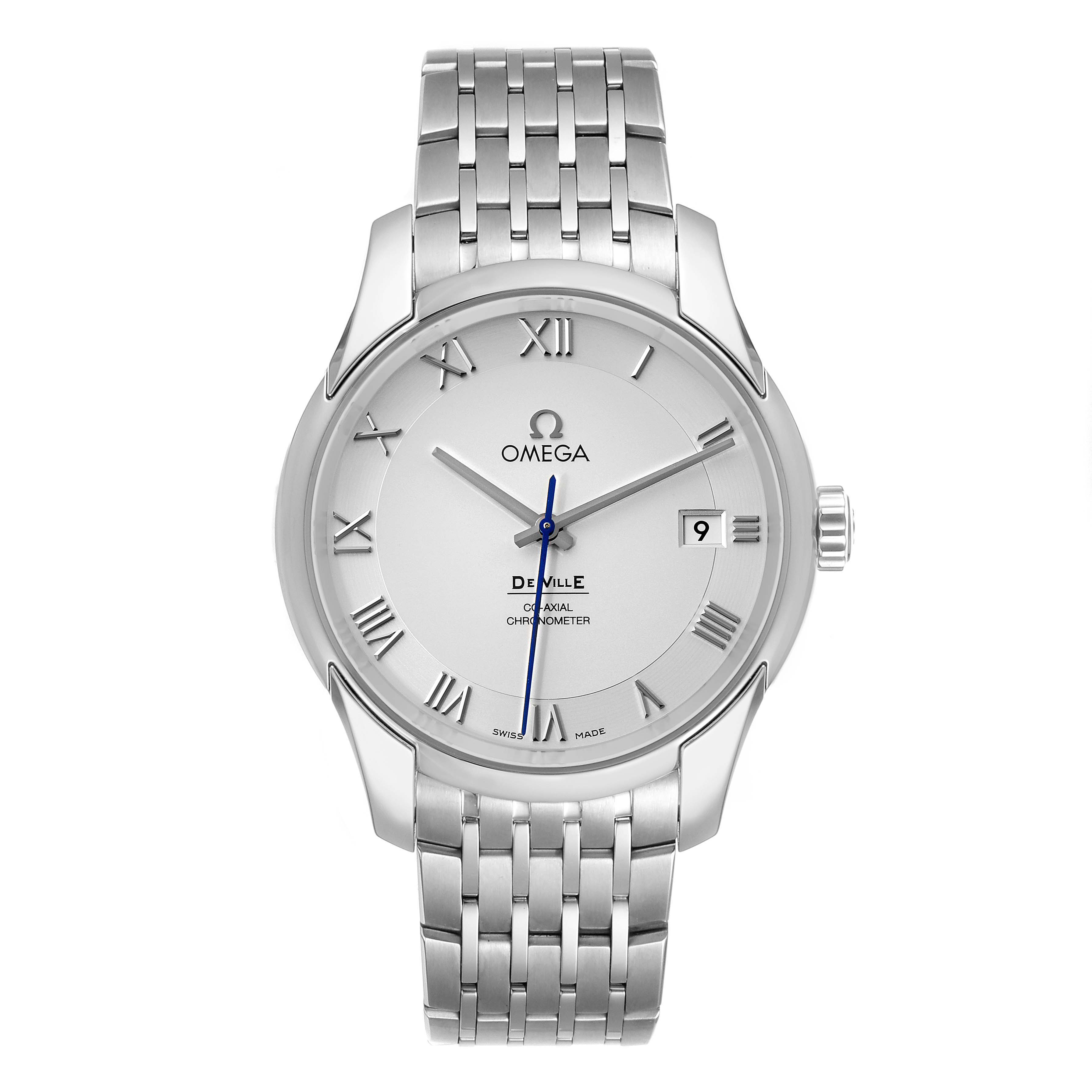 The image shows a front view of the Omega De Ville 431.10.41.21.02.001 Men's Stainless Steel Silver Dial 431.10.41.21.02.001 Men's Stainless Steel Silver Dial watch, displaying the dial, hour markers, hands, date window, and bracelet.