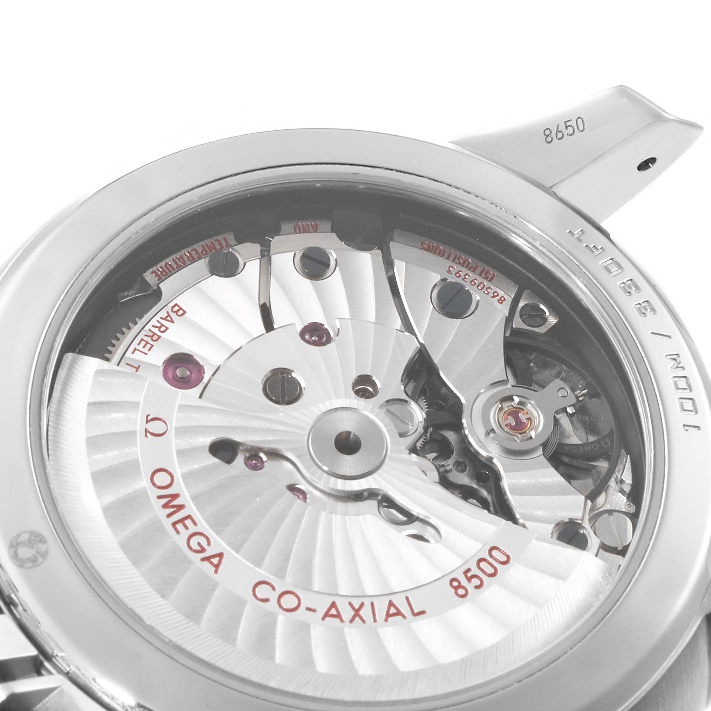 This image shows the back view showcasing the exposed movement of the Omega De Ville 431.10.41.21.02.001 Men's Stainless Steel Silver Dial 431.10.41.21.02.001 Men's Stainless Steel Silver Dial Co-Axial 8500 model watch.