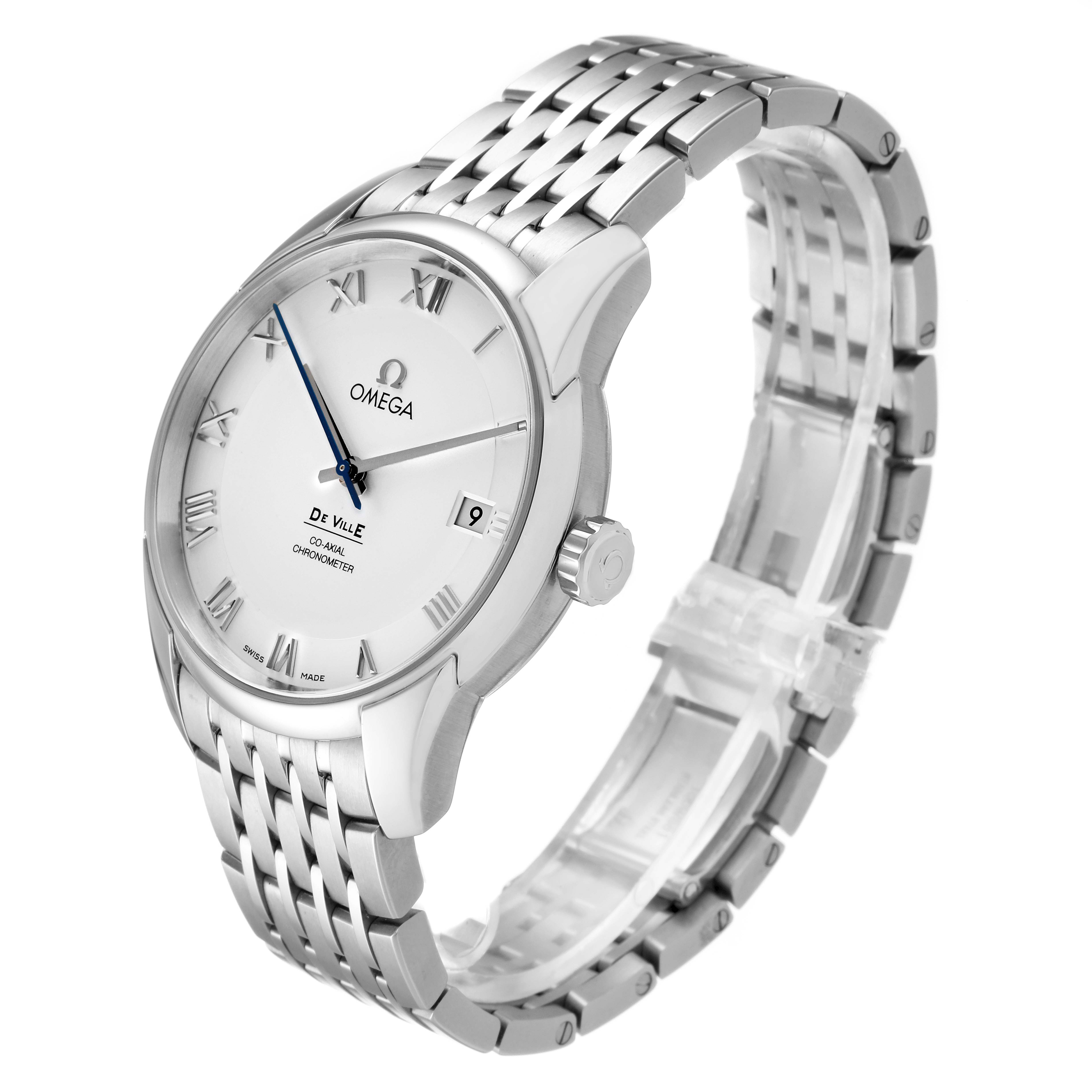 This image shows an angled view of the Omega De Ville 431.10.41.21.02.001 Men's Stainless Steel Silver Dial 431.10.41.21.02.001 Men's Stainless Steel Silver Dial watch, highlighting the watch face, bracelet, bezel, and crown.