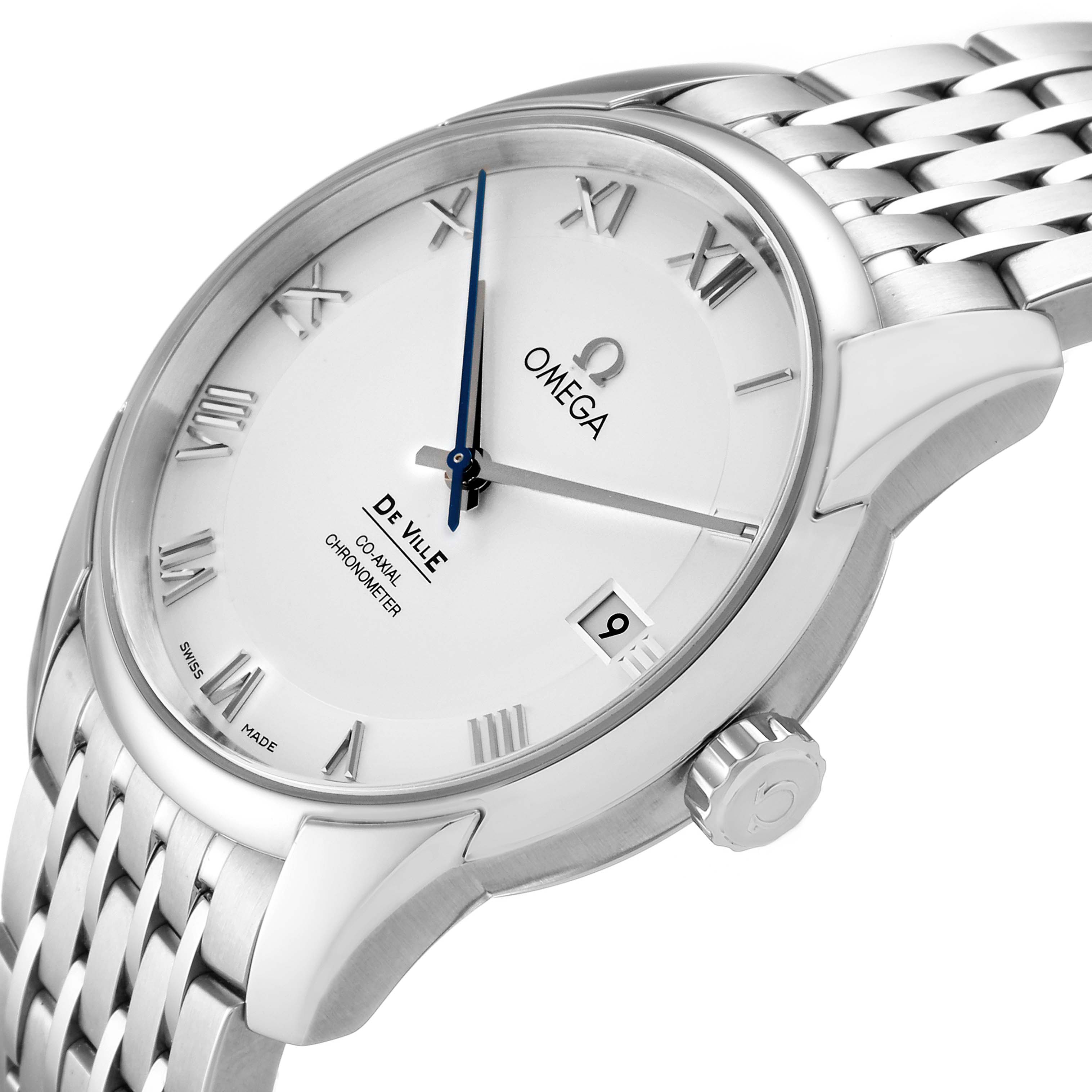 This image shows an angled view of the Omega De Ville 431.10.41.21.02.001 Men's Stainless Steel Silver Dial 431.10.41.21.02.001 Men's Stainless Steel Silver Dial watch, highlighting the dial, Roman numerals, date window, and part of the bracelet.