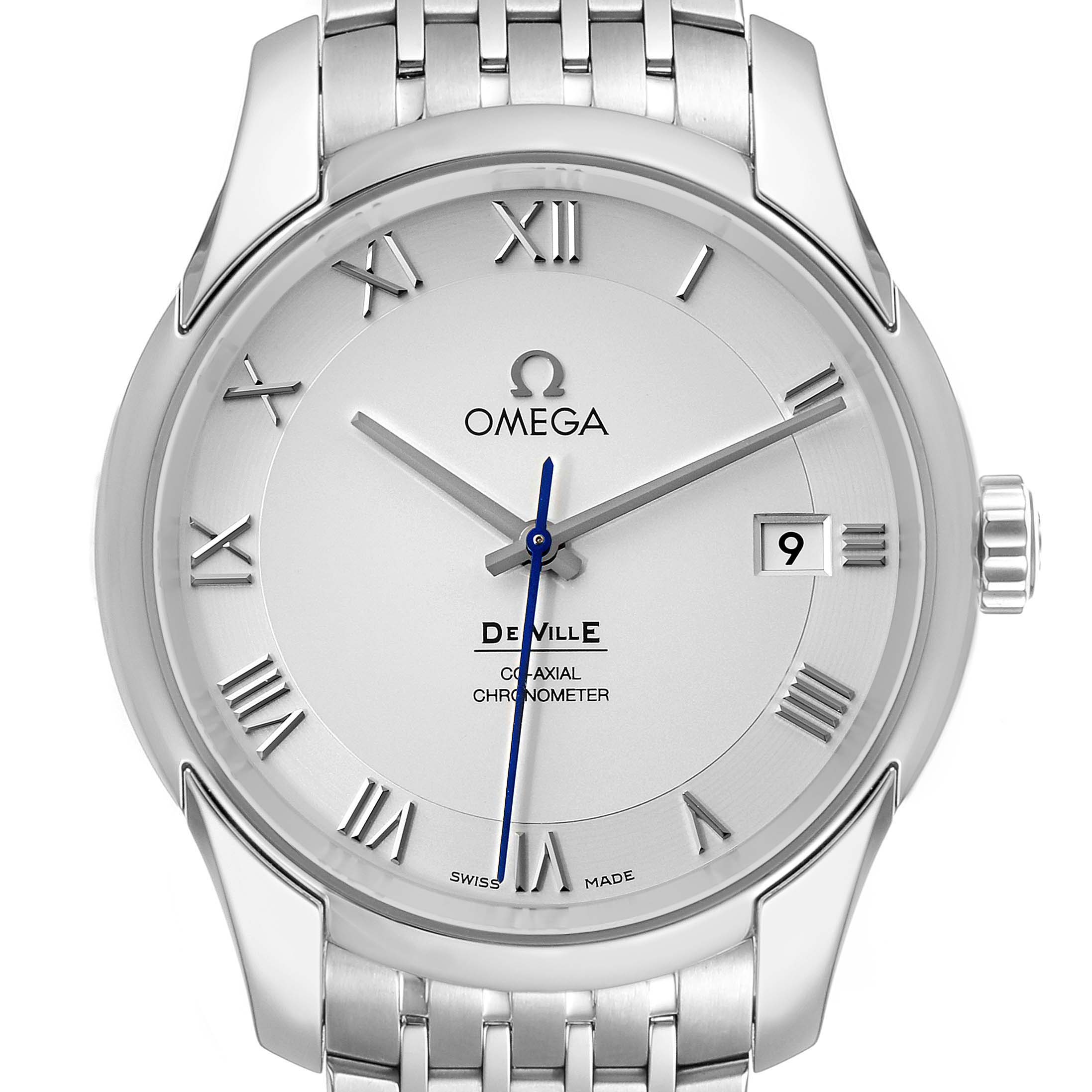 The image shows a front view of the Omega De Ville 431.10.41.21.02.001 Men's Stainless Steel Silver Dial 431.10.41.21.02.001 Men's Stainless Steel Silver Dial watch, displaying its dial, Roman numerals, and part of its bracelet.