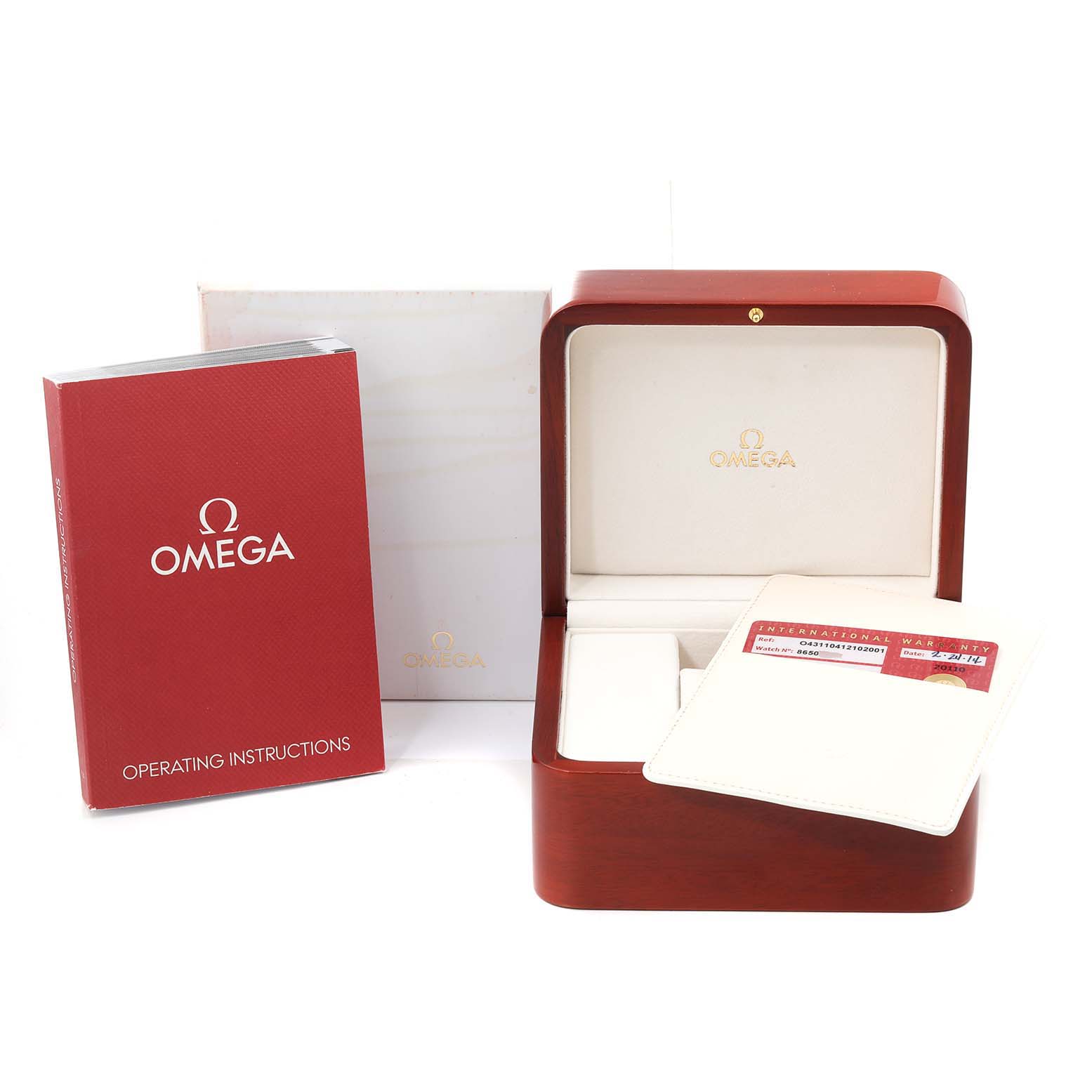 This image shows the Omega De Ville 431.10.41.21.02.001 Men's Stainless Steel Silver Dial 431.10.41.21.02.001 Men's Stainless Steel Silver Dial packaging, including the watch box, warranty cards, and operating instructions manual.