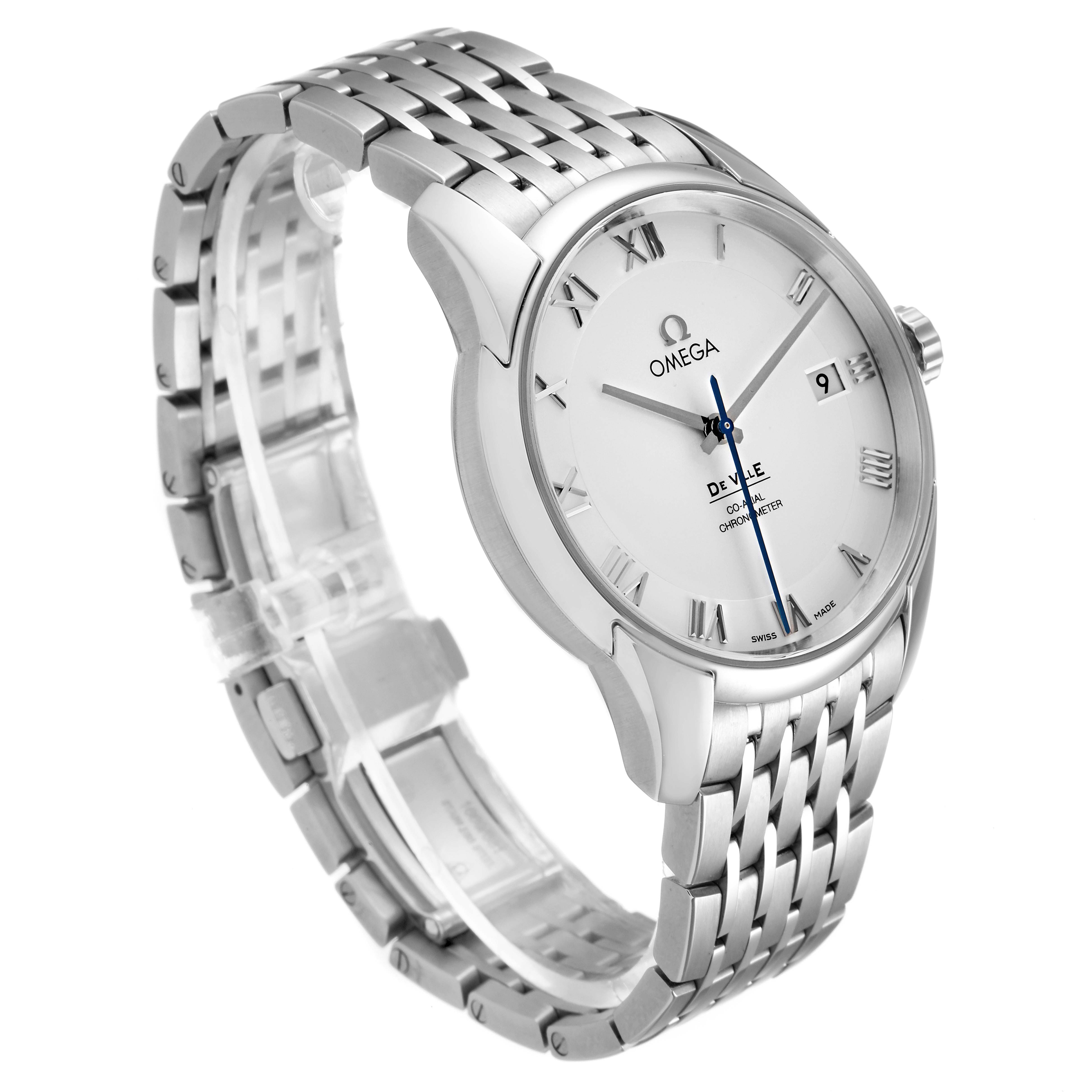 The image shows a De Ville model Omega watch from a three-quarter angle, highlighting its face, bracelet, and crown.