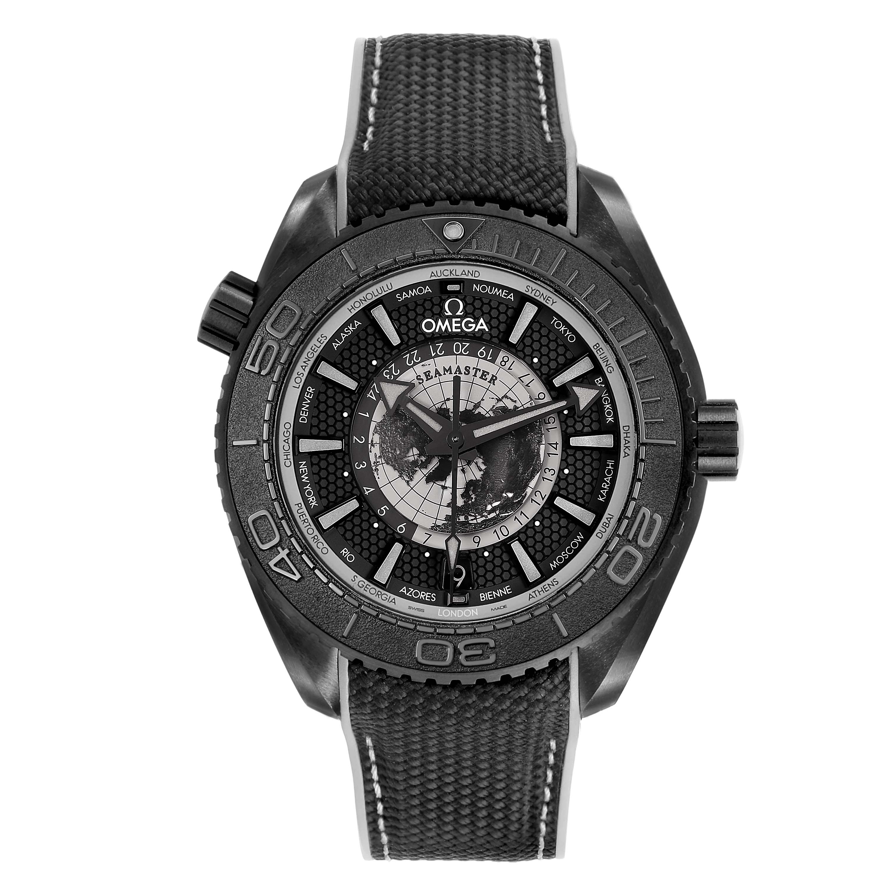 The Omega Planet Ocean 215.92.46.22.01.007 Men's Ceramic Black Dial watch is shown from a front angle, displaying the dial, bezel, and strap.