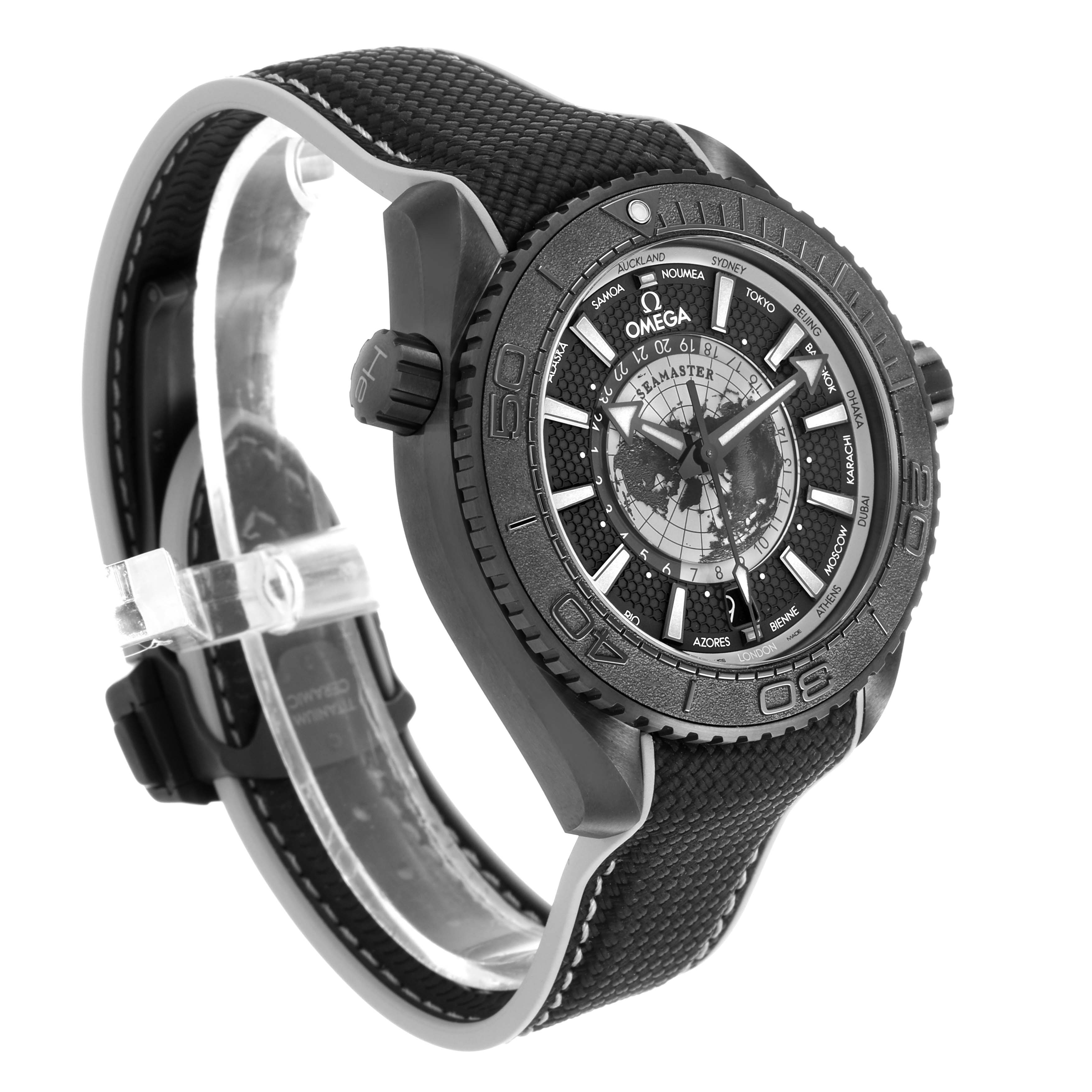 The Omega Planet Ocean 215.92.46.22.01.007 Men's Ceramic Black Dial watch is shown at a three-quarter angle, highlighting the face, bezel, and strap.