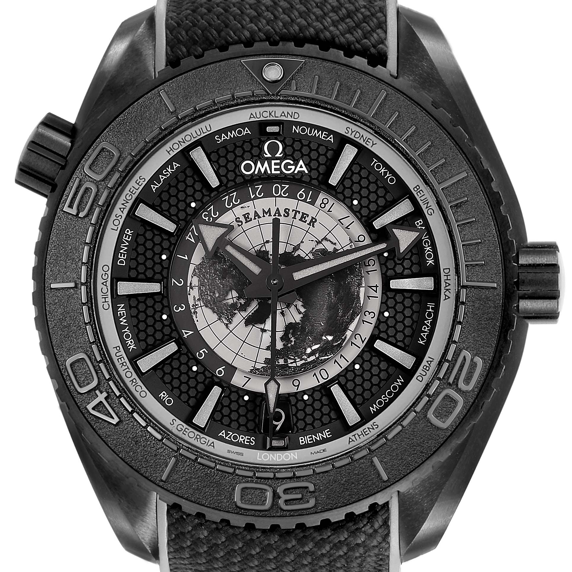 The Omega Planet Ocean 215.92.46.22.01.007 Men's Ceramic Black Dial watch is shown from a front angle, featuring the bezel, dial, and strap.