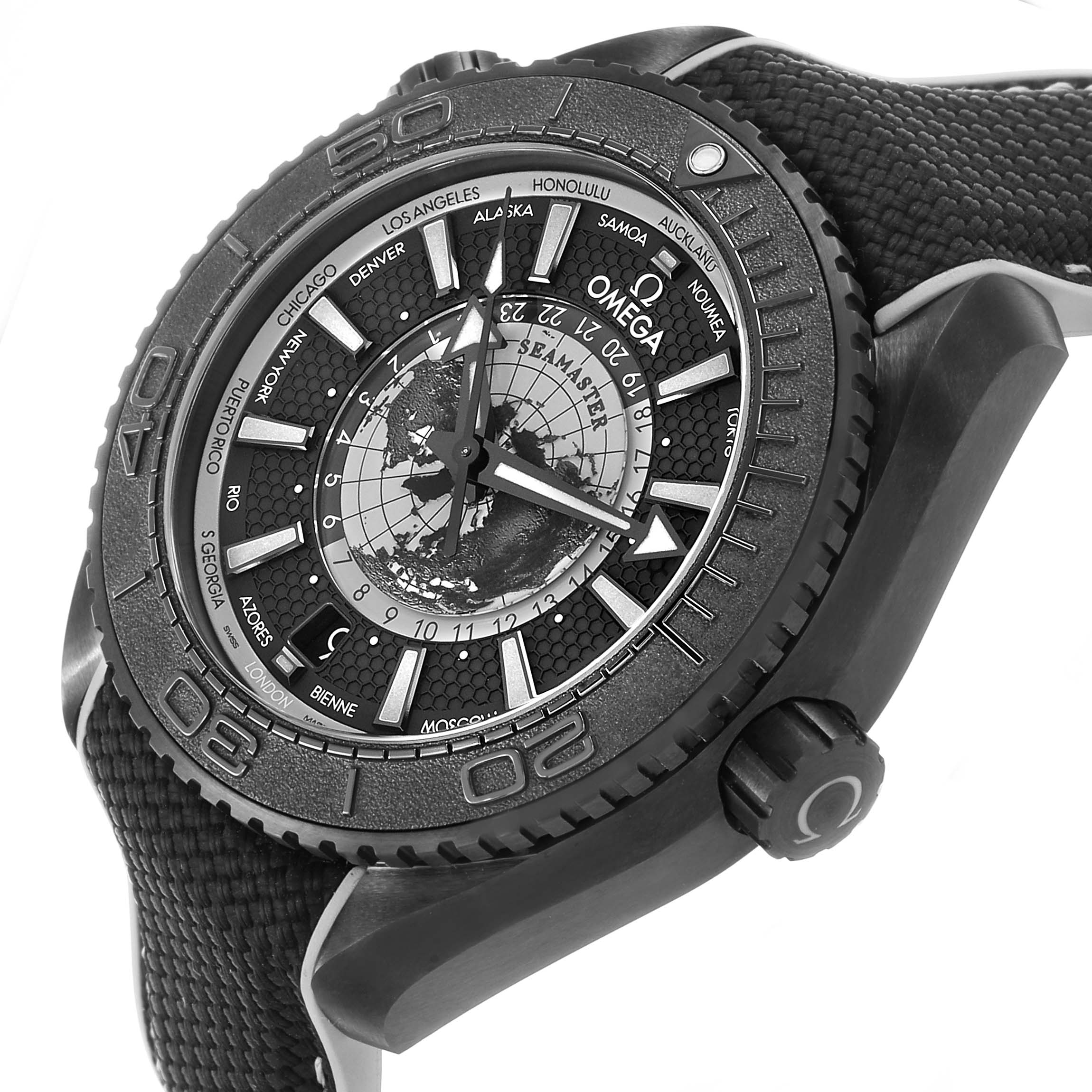The Omega Planet Ocean 215.92.46.22.01.007 Men's Ceramic Black Dial watch is shown at an angled side view, displaying the dial, bezel, crown, and part of the strap.