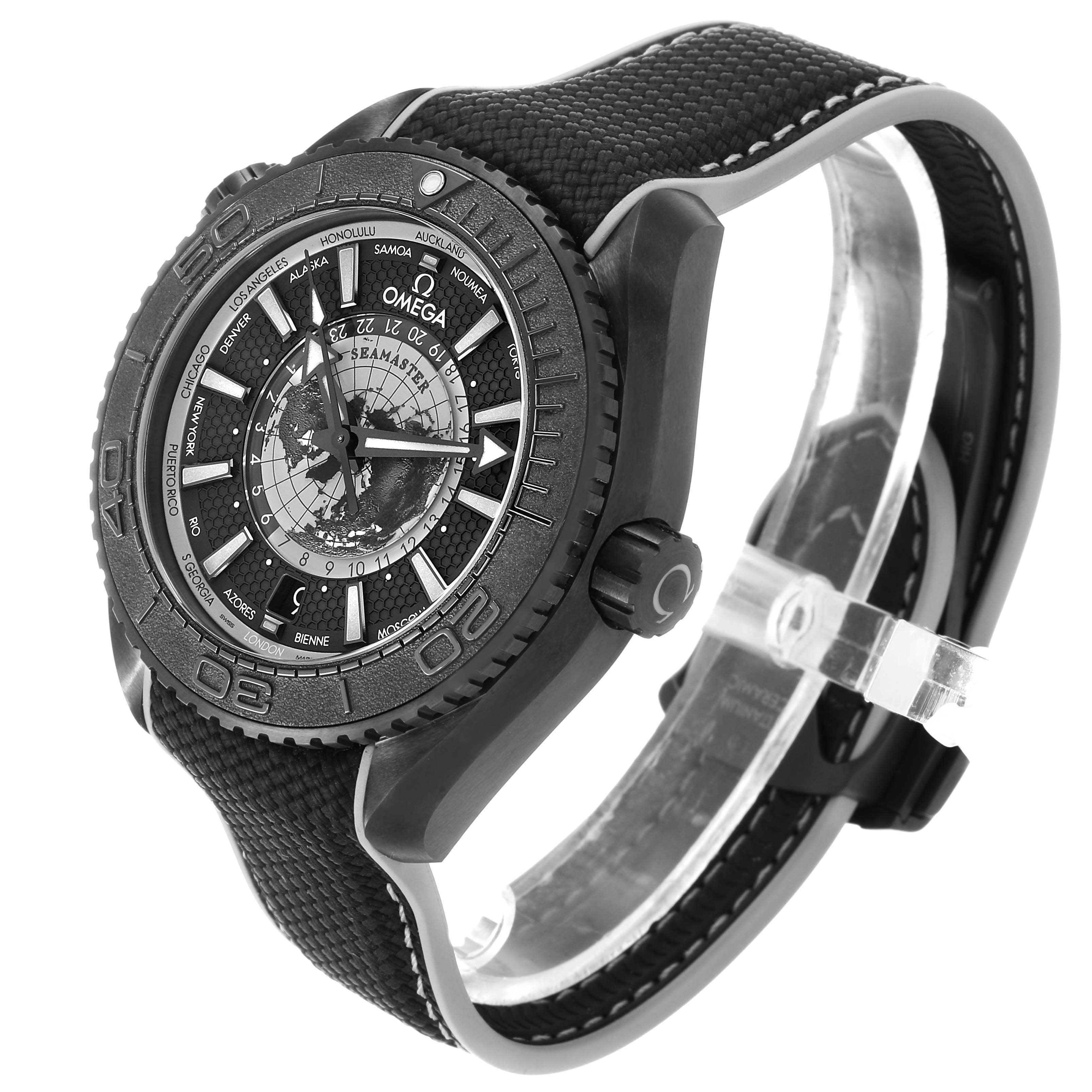 The Omega Planet Ocean 215.92.46.22.01.007 Men's Ceramic Black Dial watch is shown at a three-quarter angle, highlighting the face, bezel, and textured strap.