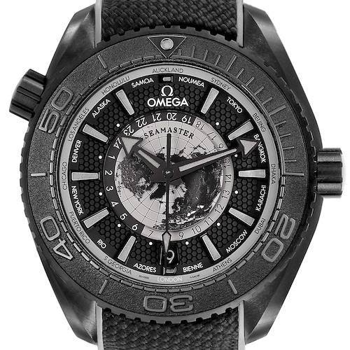 The image shows a front view of the Omega Planet Ocean 215.92.46.22.01.007 Men's Ceramic Black Dial watch, detailing the face, bezel, and strap.
