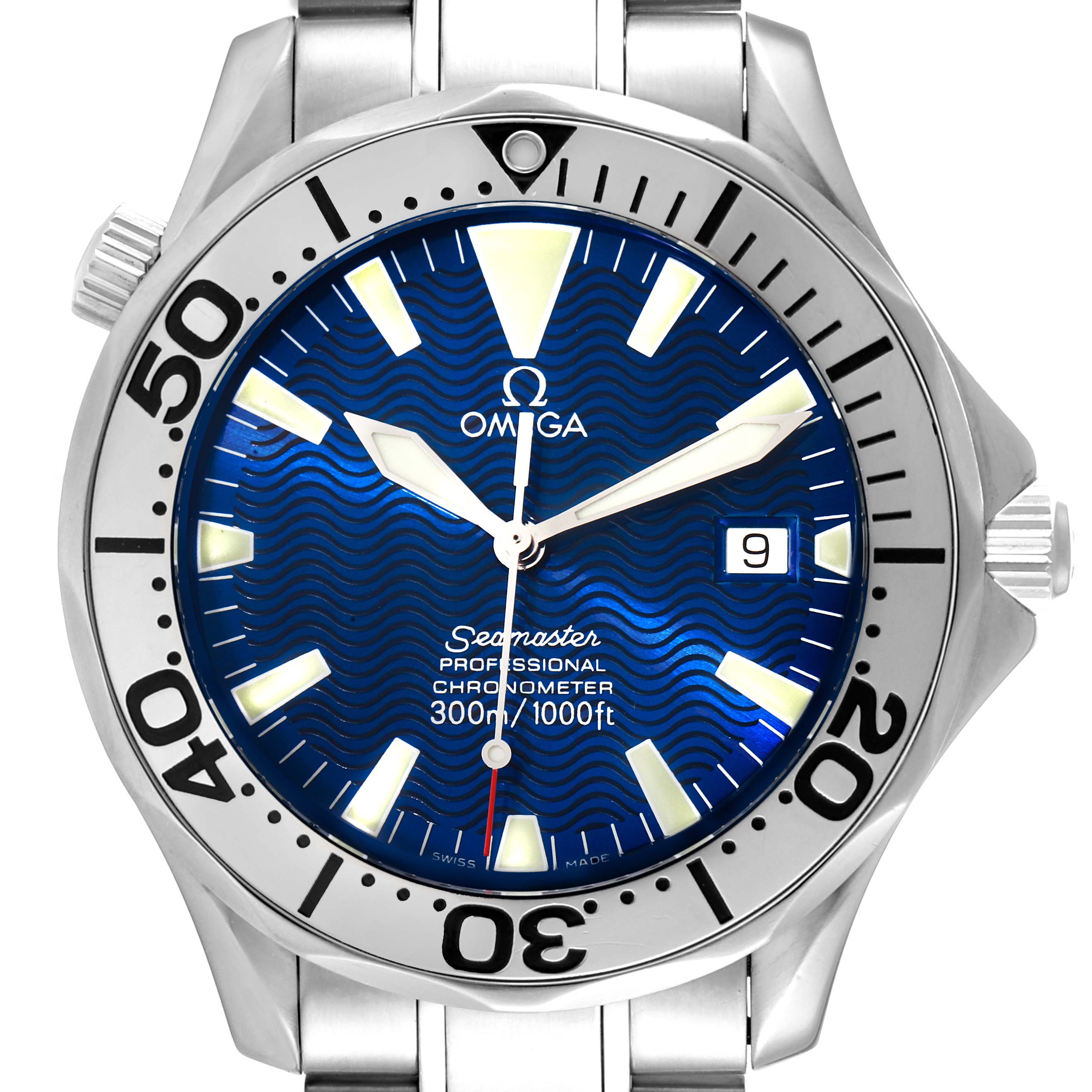The image shows a front view of the Omega Seamaster 2255.80.00 Men's Stainless Steel Blue Dial 2255.80.00 Men's Stainless Steel Blue Dial watch, highlighting its dial, bezel, and part of the bracelet.