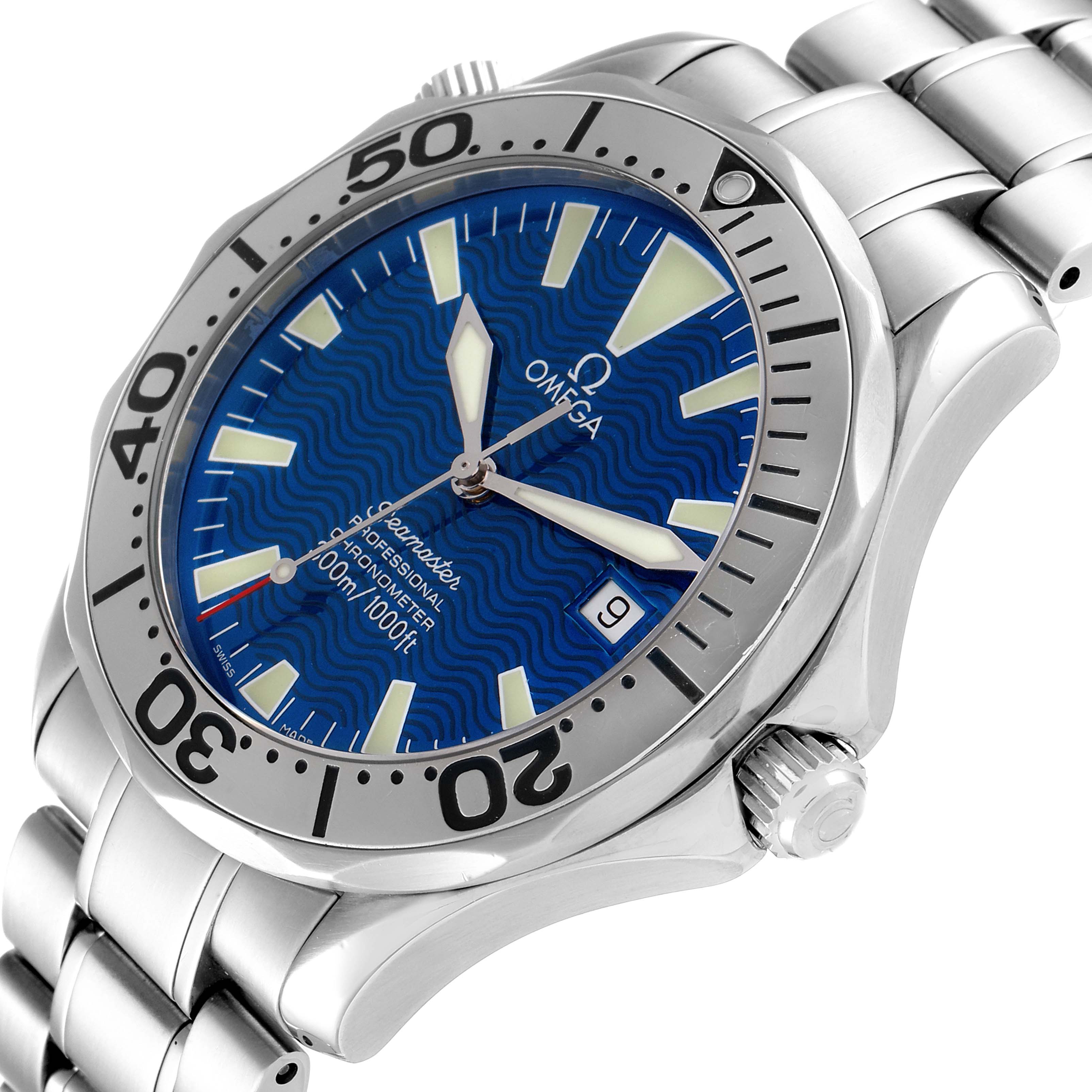 The Omega Seamaster 2255.80.00 Men's Stainless Steel Blue Dial 2255.80.00 Men's Stainless Steel Blue Dial watch is shown from an angled close-up, highlighting its blue dial, bezel, crown, and bracelet.