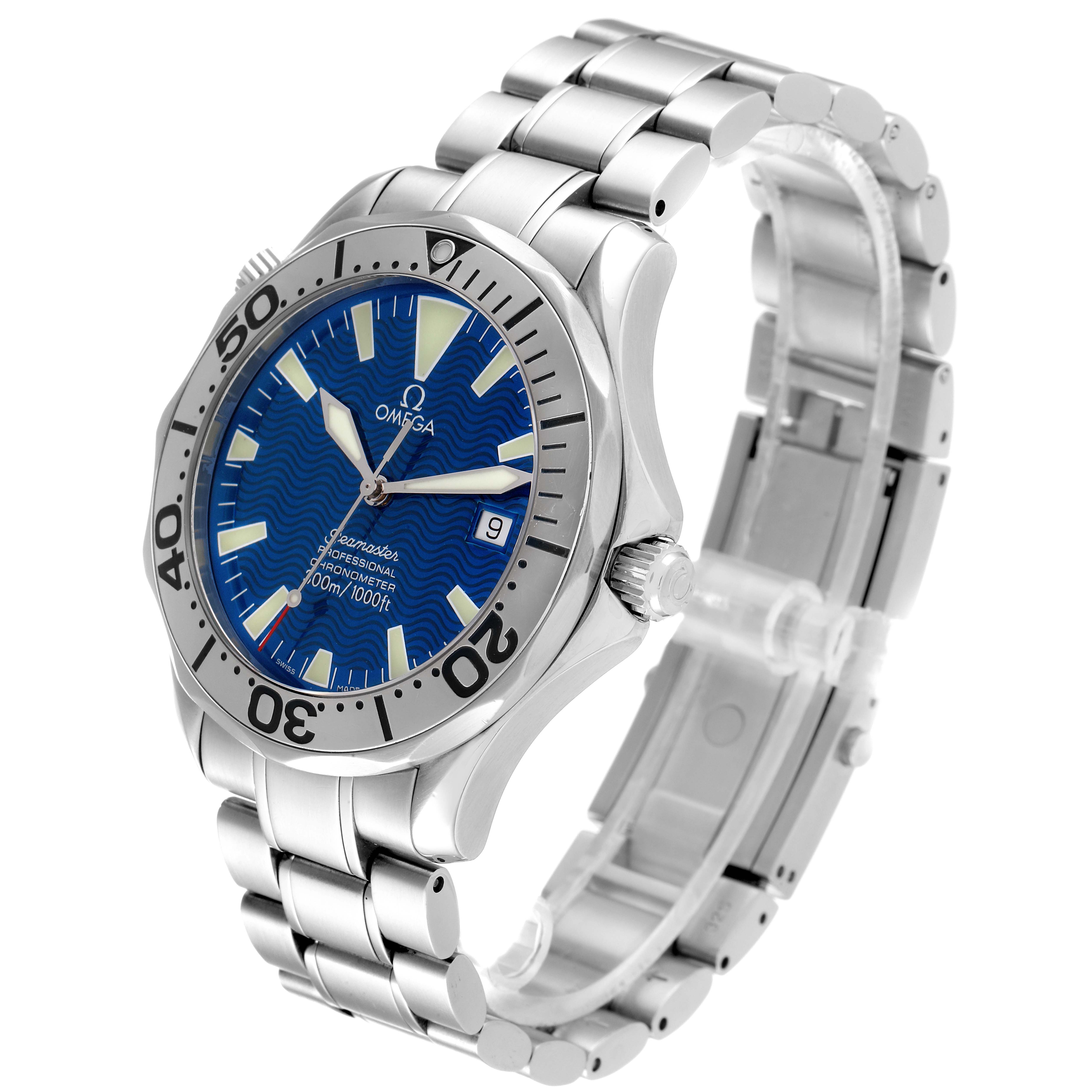 The Omega Seamaster 2255.80.00 Men's Stainless Steel Blue Dial 2255.80.00 Men's Stainless Steel Blue Dial watch is shown at a three-quarter angle, displaying its face, bezel, crown, and metal bracelet.