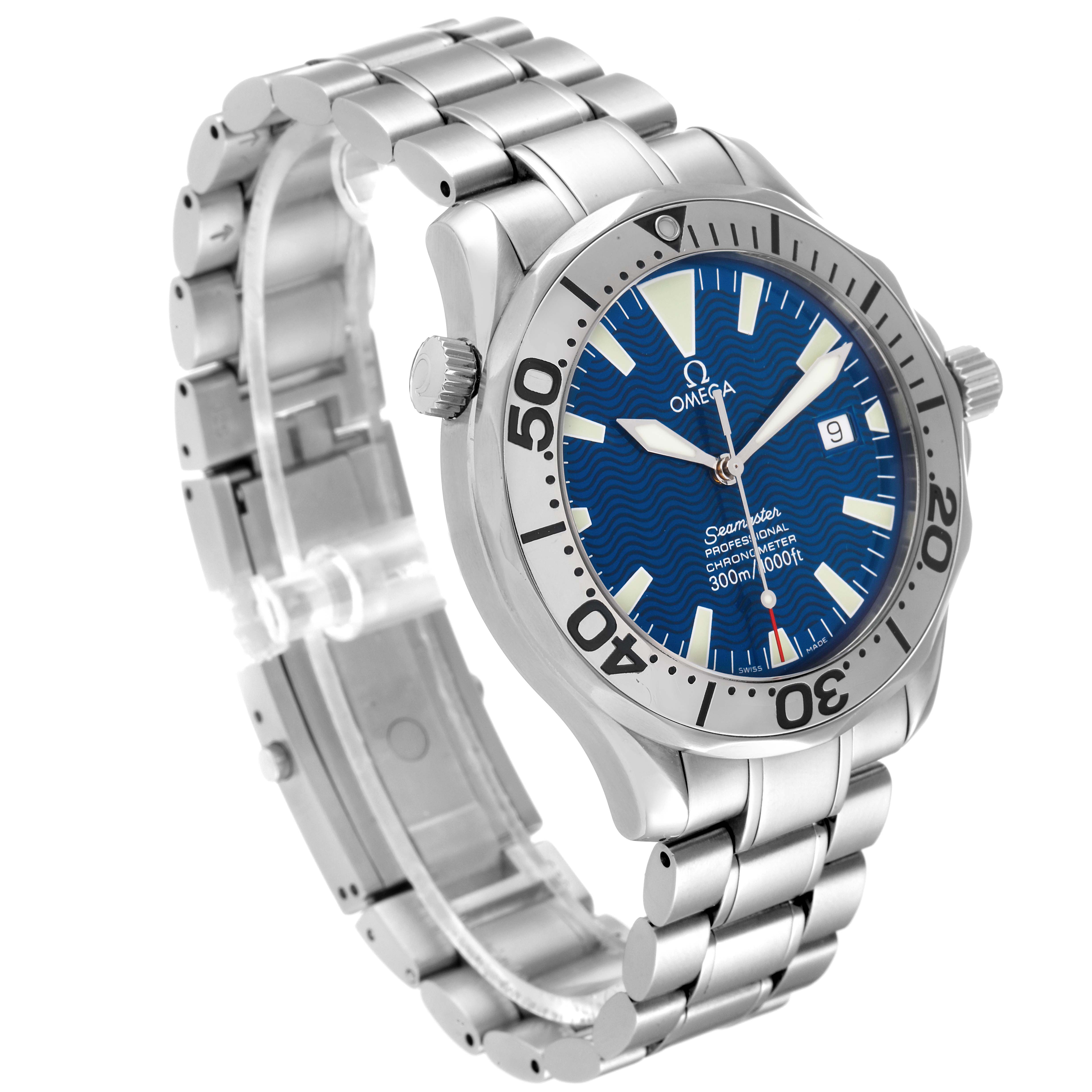 The image shows an Omega Seamaster 2255.80.00 Men's Stainless Steel Blue Dial 2255.80.00 Men's Stainless Steel Blue Dial watch at a three-quarter angle, highlighting the face, bracelet, crown, and bezel.