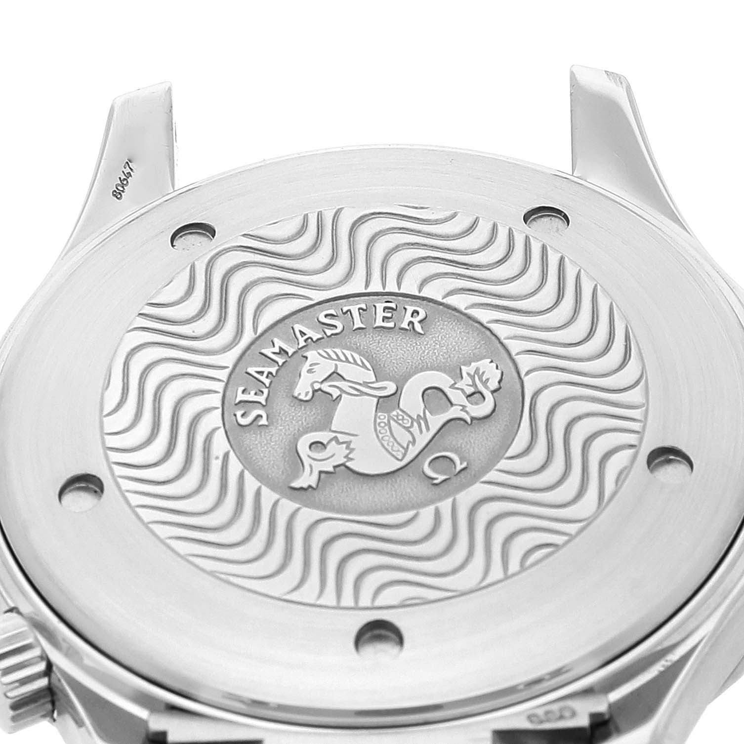 The image shows the back case of an Omega Seamaster 2255.80.00 Men's Stainless Steel Blue Dial 2255.80.00 Men's Stainless Steel Blue Dial watch with a detailed engraving.