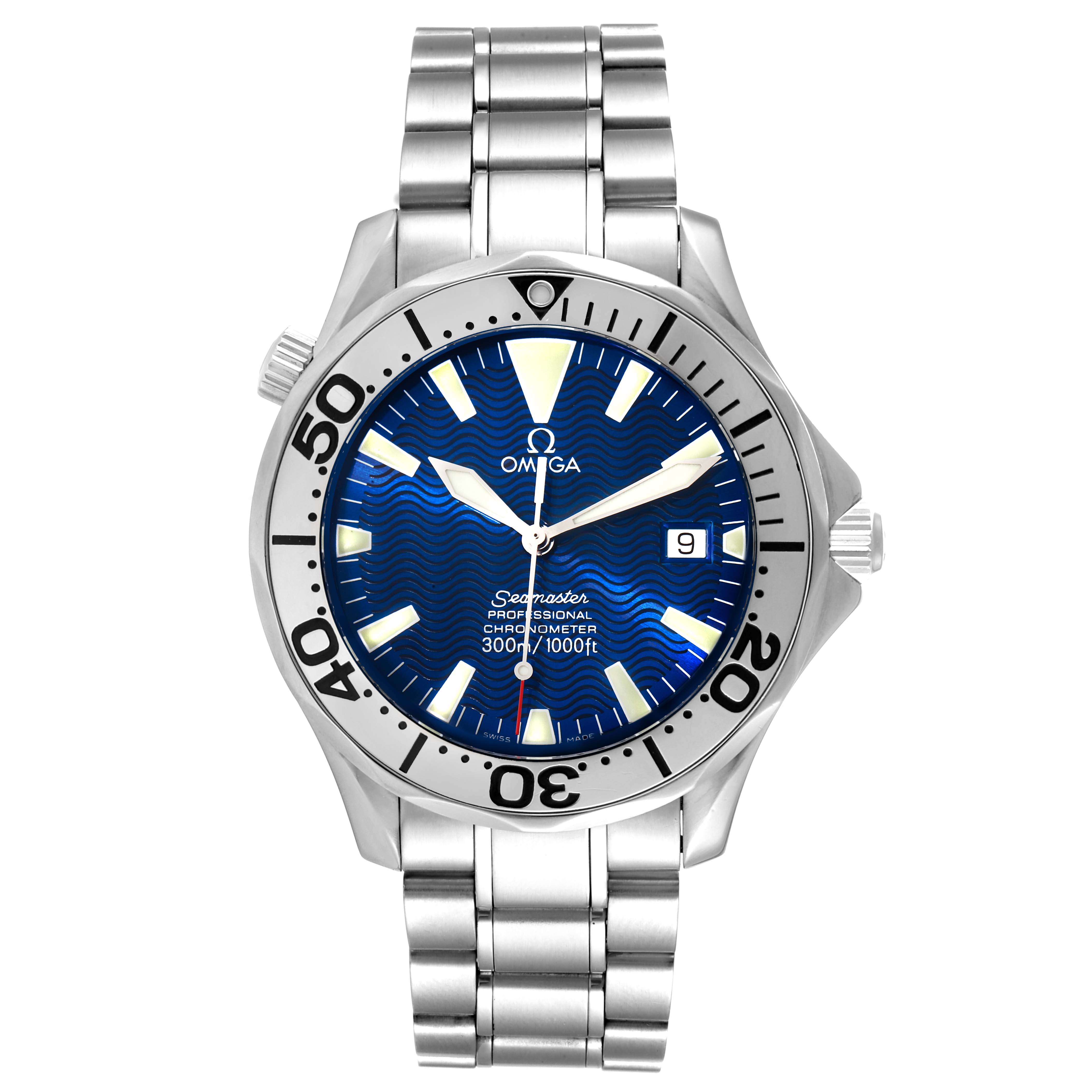 The Omega Seamaster 2255.80.00 Men's Stainless Steel Blue Dial 2255.80.00 Men's Stainless Steel Blue Dial watch is shown from a front angle, displaying its face, bezel, and stainless steel bracelet.