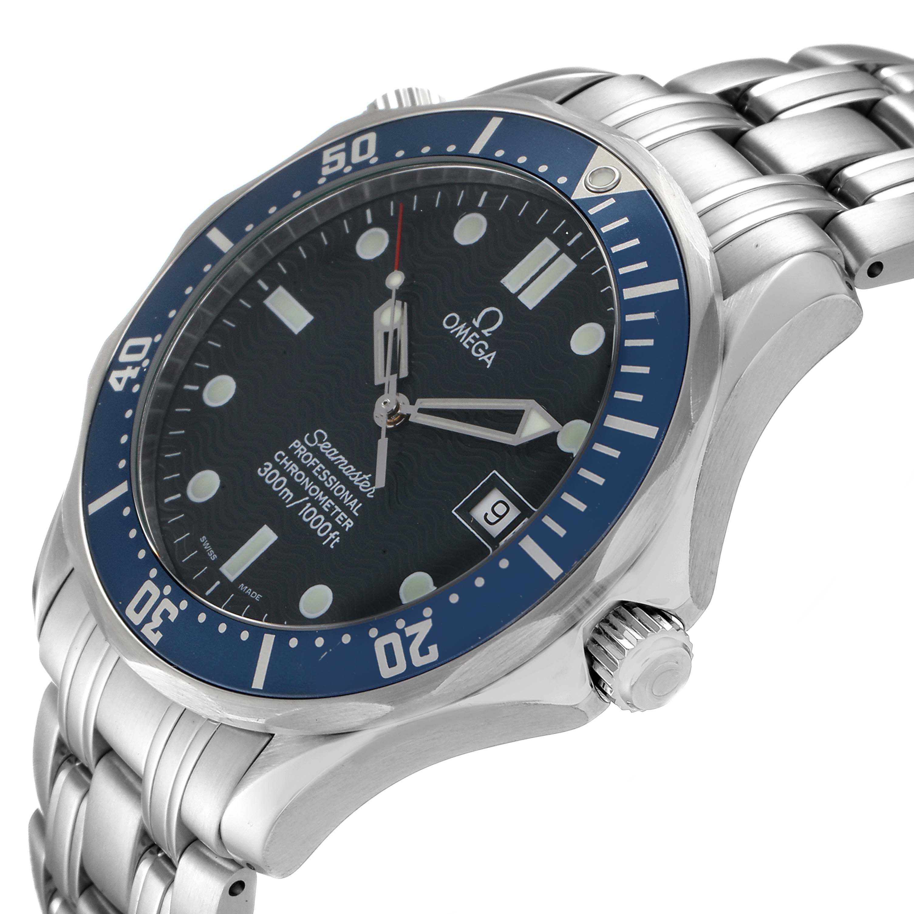 The Omega Seamaster 2531.80.00 Men
s Stainless Steel Blue Dial 2531.80.00 Men
s Stainless Steel Blue Dial watch is shown at a three-quarter angle, displaying the bezel, crown, dial, and bracelet.