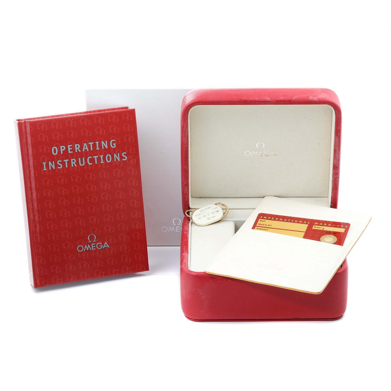 This image shows an Omega Seamaster 2531.80.00 Men
s Stainless Steel Blue Dial 2531.80.00 Men
s Stainless Steel Blue Dial watch box, operating instructions booklet, and an international warranty card.