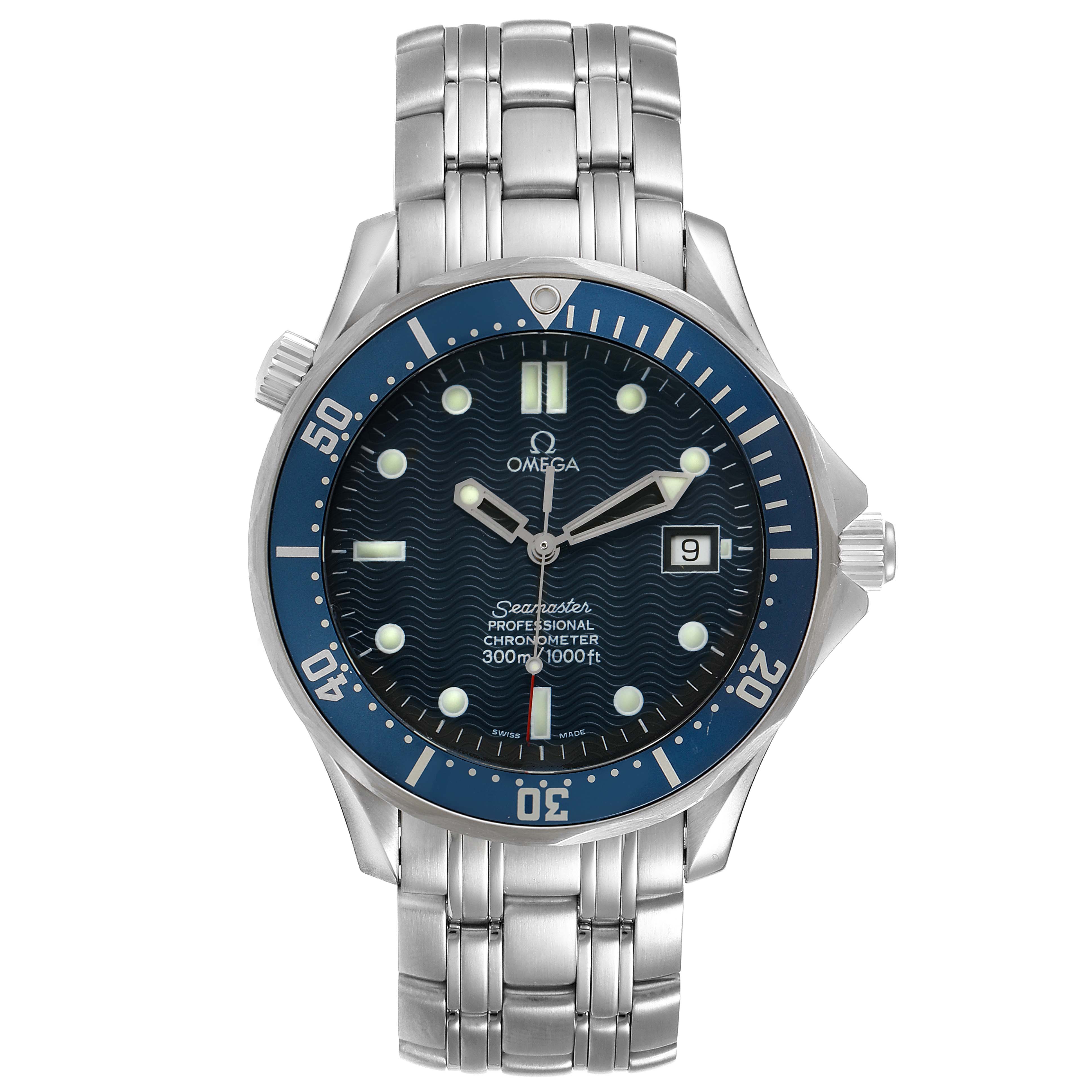 The Omega Seamaster 2531.80.00 Men
s Stainless Steel Blue Dial 2531.80.00 Men
s Stainless Steel Blue Dial watch is shown from a front angle, displaying the dial, bezel, and metal bracelet.