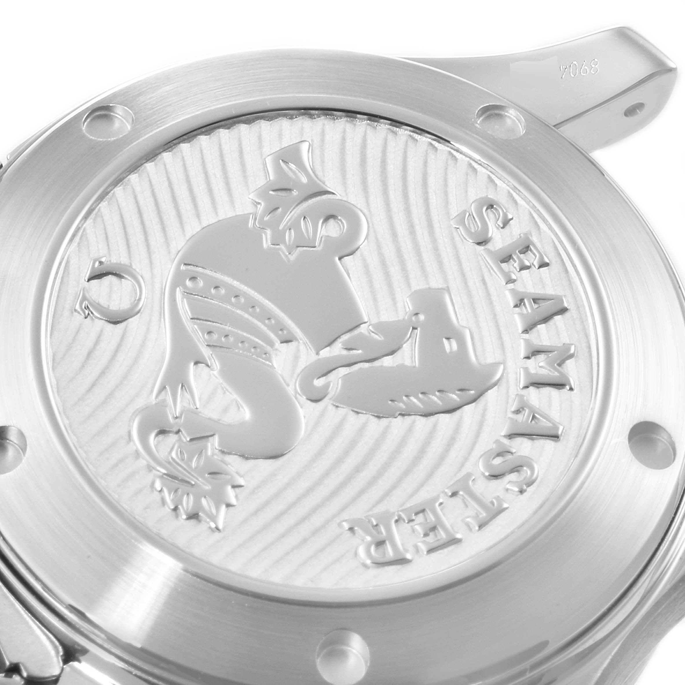 The image shows the rear case back of the Omega Seamaster 212.30.36.20.01.002 Men
s Stainless Steel Black Dial 212.30.36.20.01.002 Men
s Stainless Steel Black Dial watch, featuring the embossed logo design.